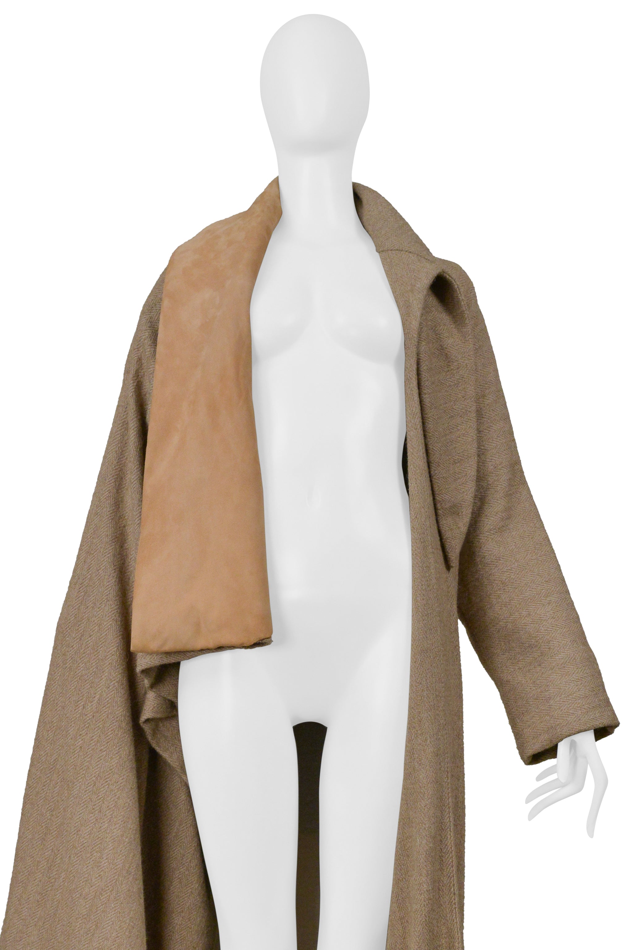 YOHJI YAMAMOTO CAMEL DRAPED CAPE COAT WITH HIGH NECK & ONE SLEEVE 2000
