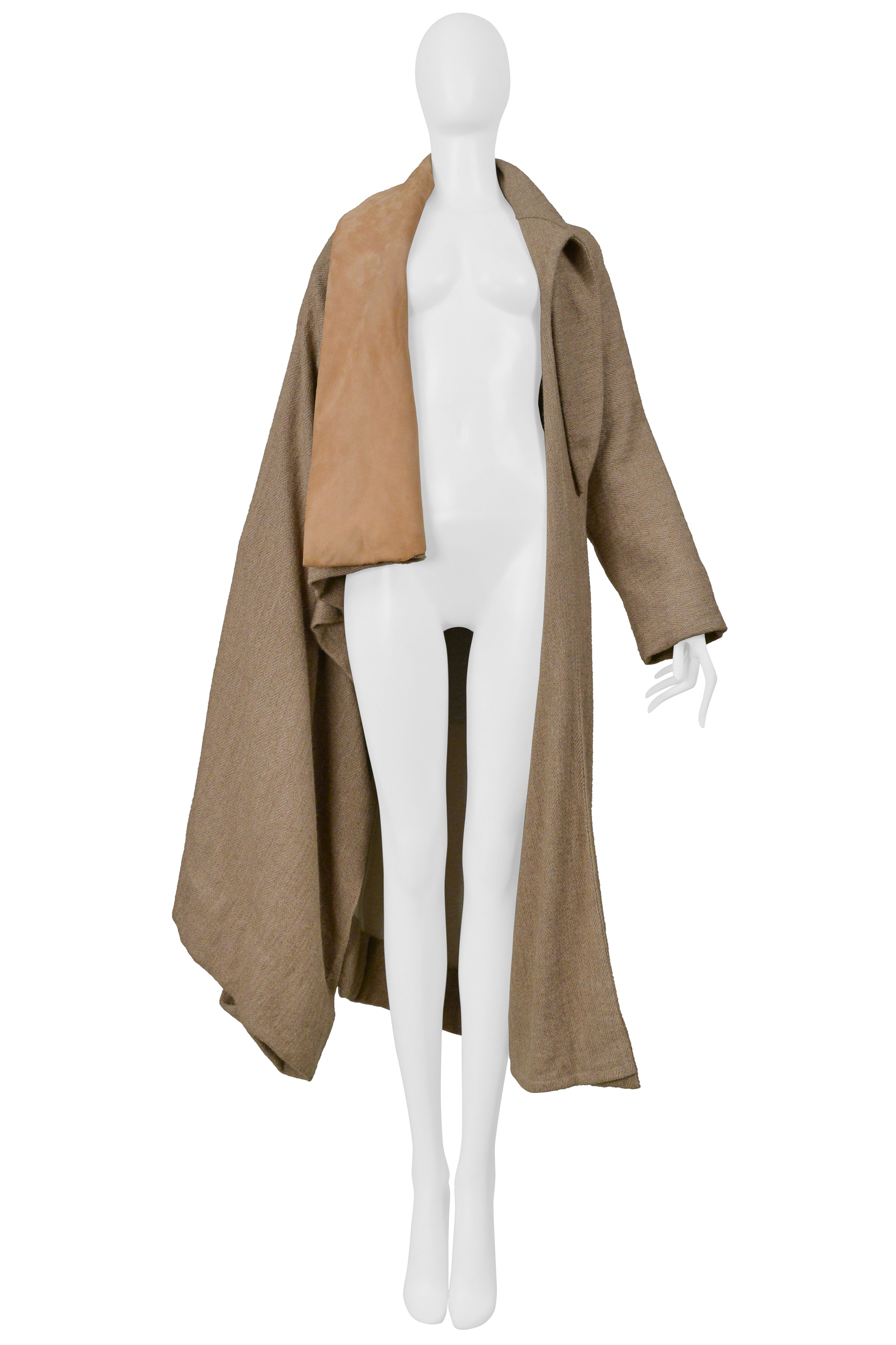YOHJI YAMAMOTO CAMEL DRAPED CAPE COAT WITH HIGH NECK & ONE SLEEVE 2000