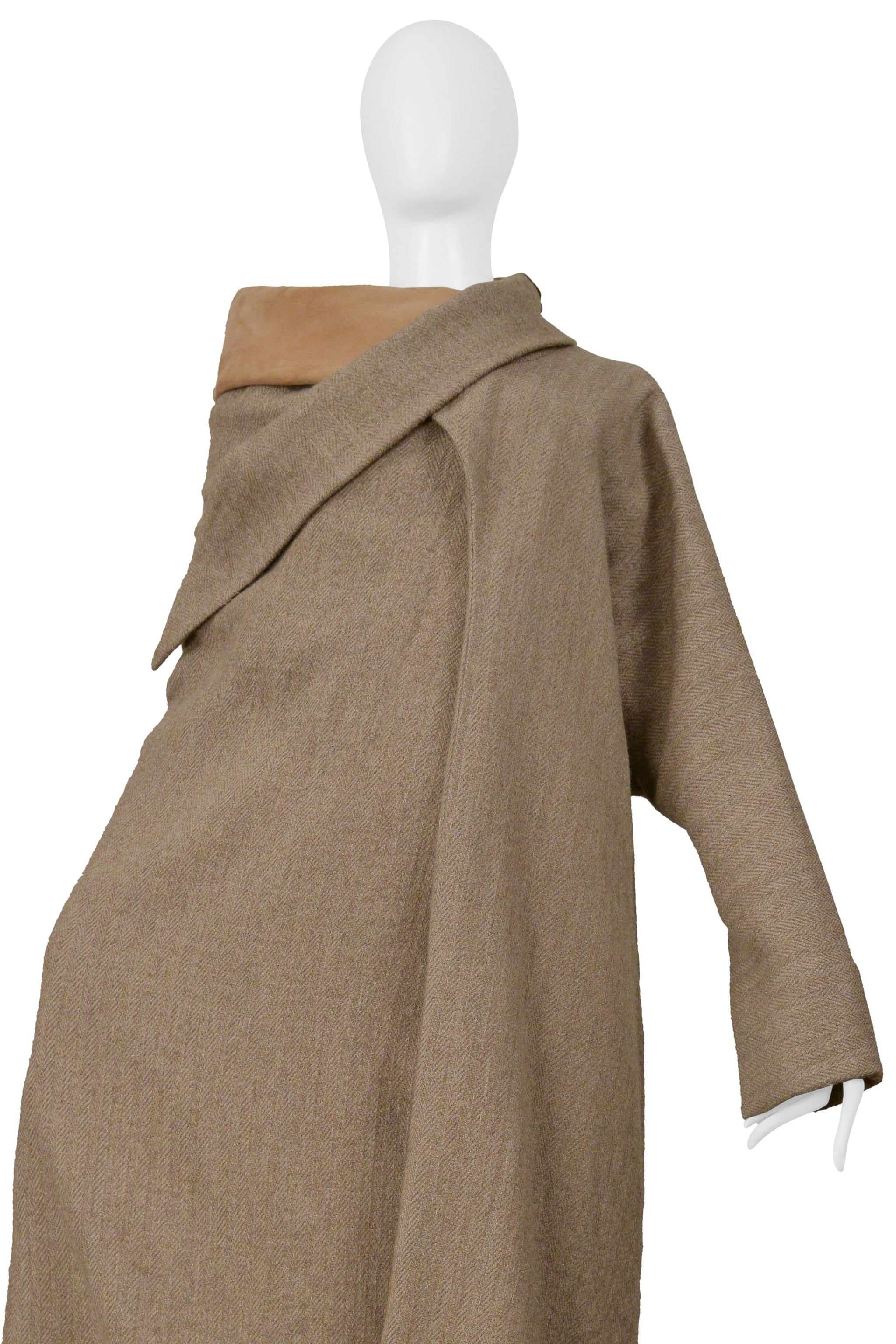 YOHJI YAMAMOTO CAMEL DRAPED CAPE COAT WITH HIGH NECK & ONE SLEEVE 2000