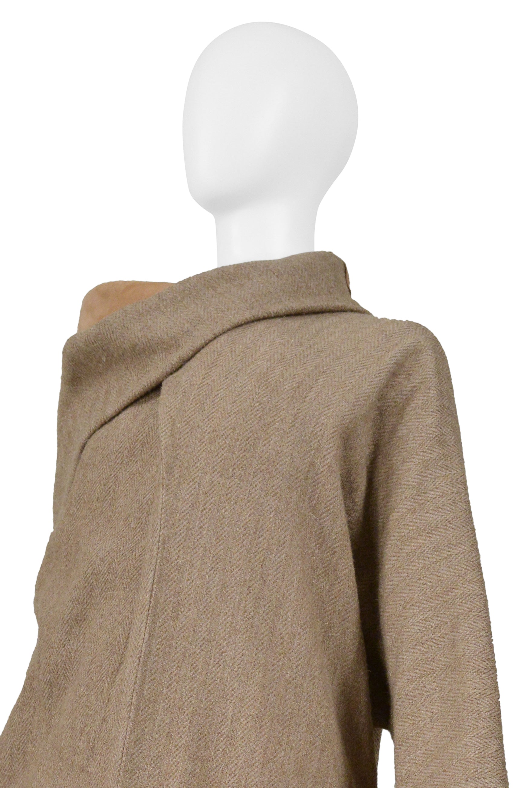 YOHJI YAMAMOTO CAMEL DRAPED CAPE COAT WITH HIGH NECK & ONE SLEEVE 2000