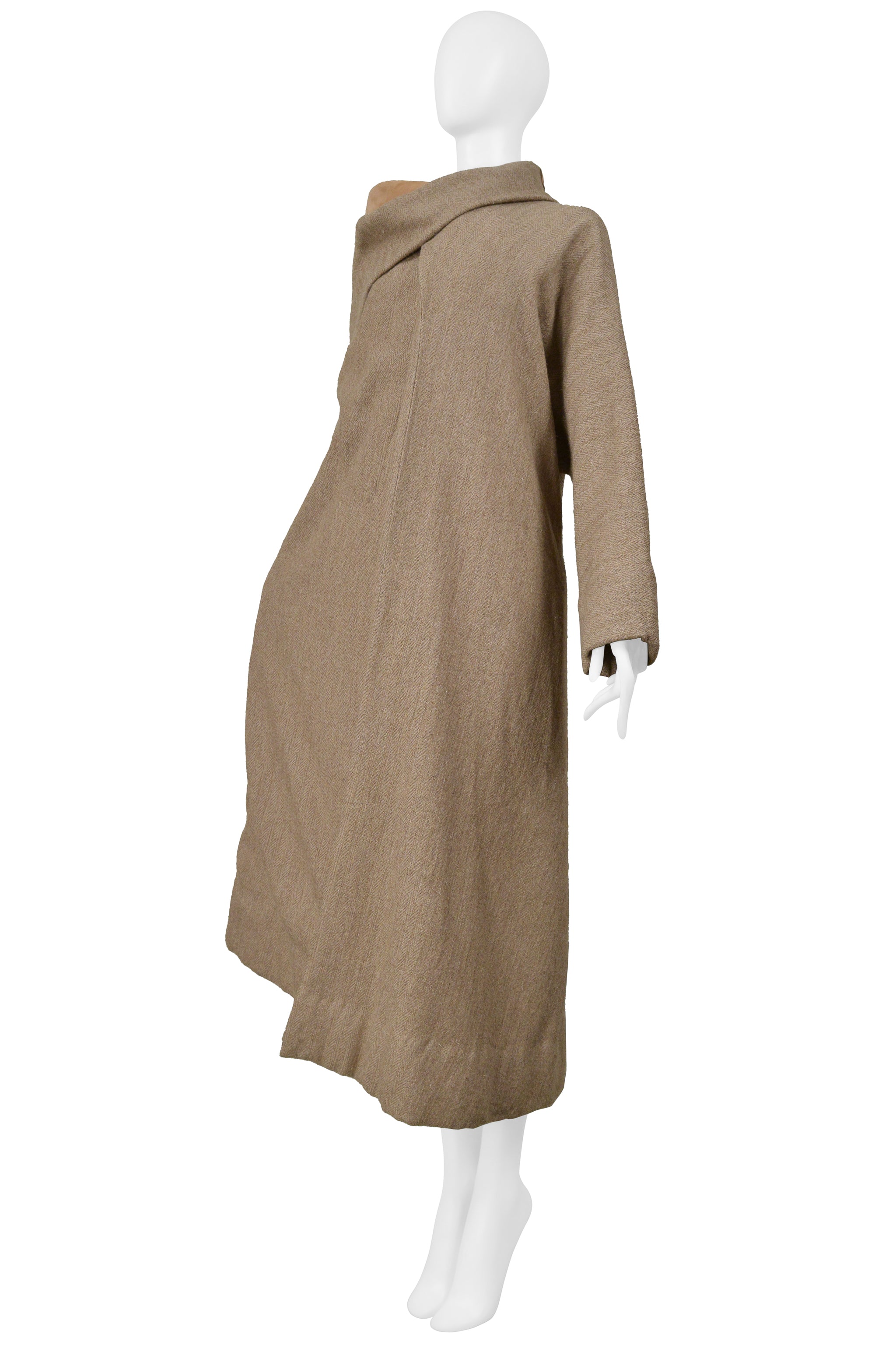 YOHJI YAMAMOTO CAMEL DRAPED CAPE COAT WITH HIGH NECK & ONE SLEEVE 2000
