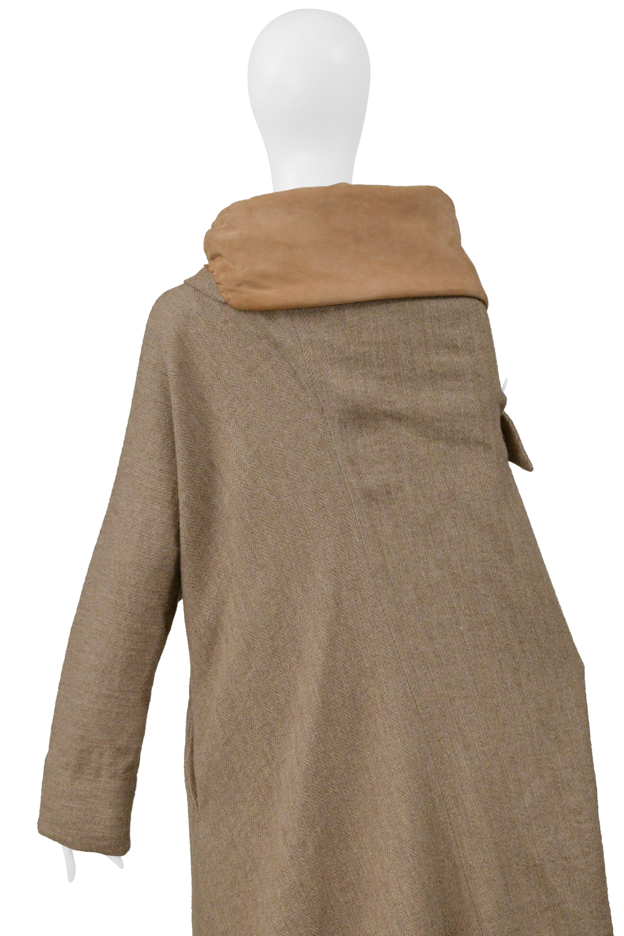 YOHJI YAMAMOTO CAMEL DRAPED CAPE COAT WITH HIGH NECK & ONE SLEEVE 2000