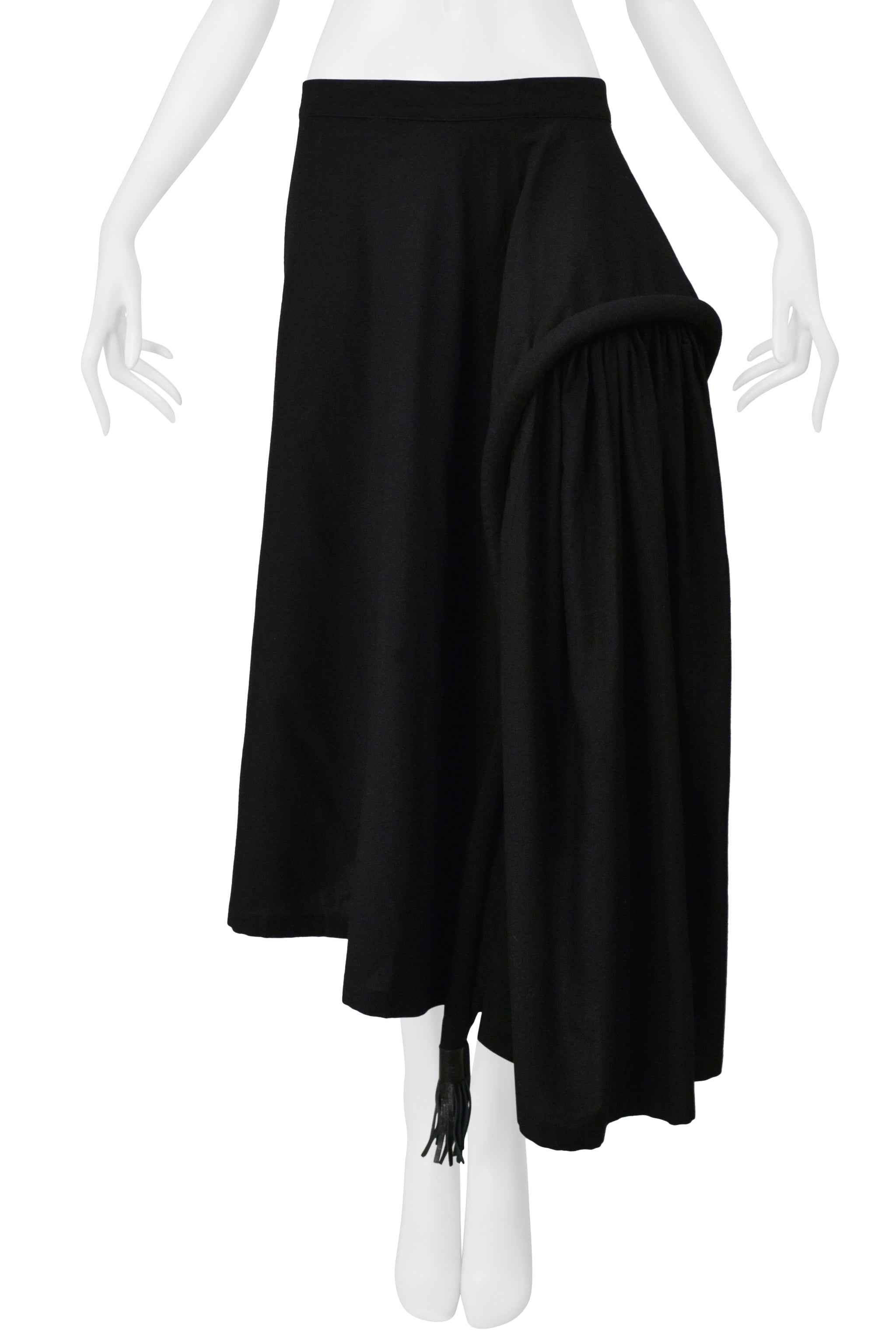 YOHJI YAMAMOTO BLACK LONG FULL SKIRT WITH PADDED SEAM & LEATHER TASSELS 2001