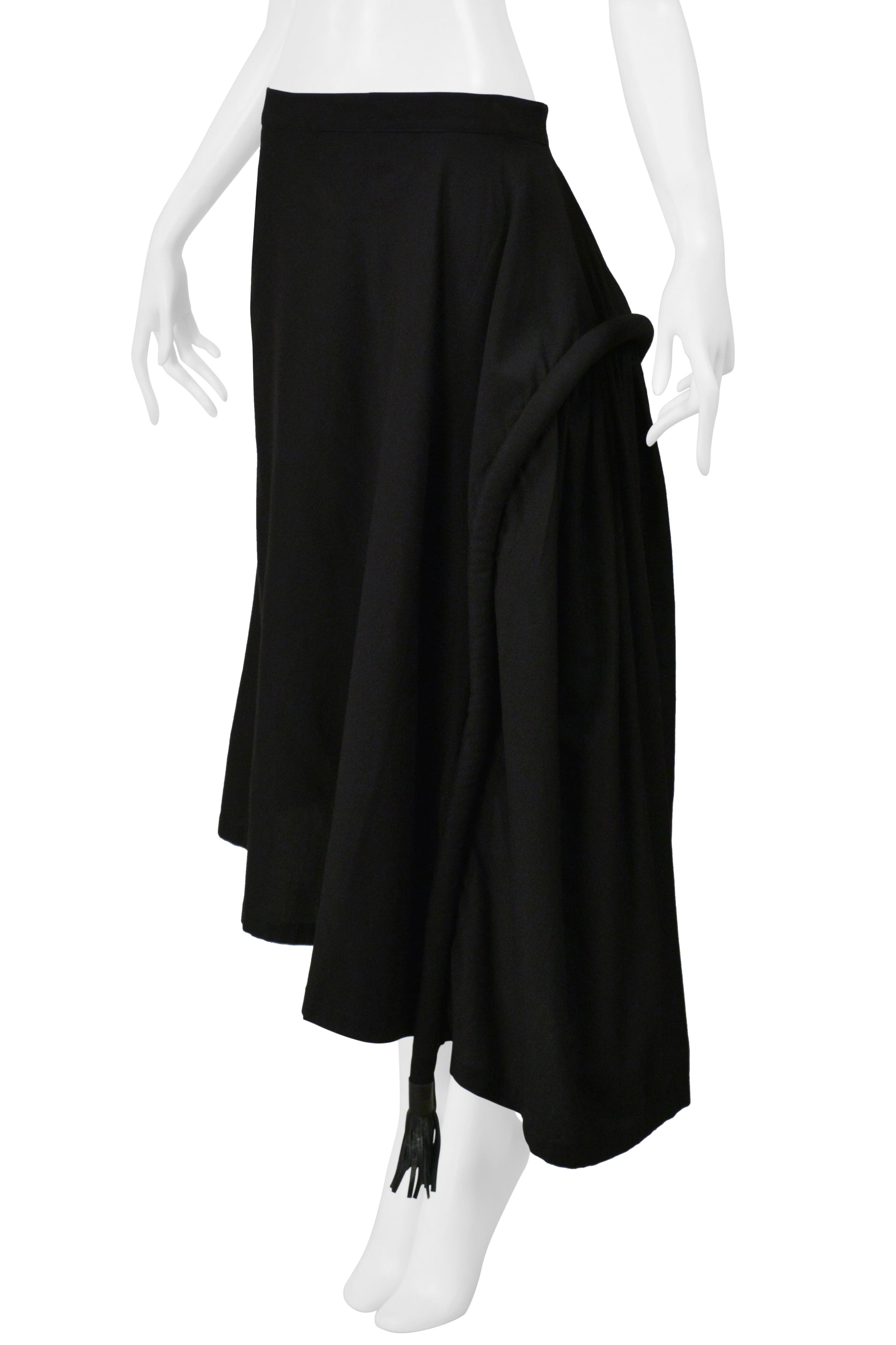 YOHJI YAMAMOTO BLACK LONG FULL SKIRT WITH PADDED SEAM & LEATHER TASSELS 2001