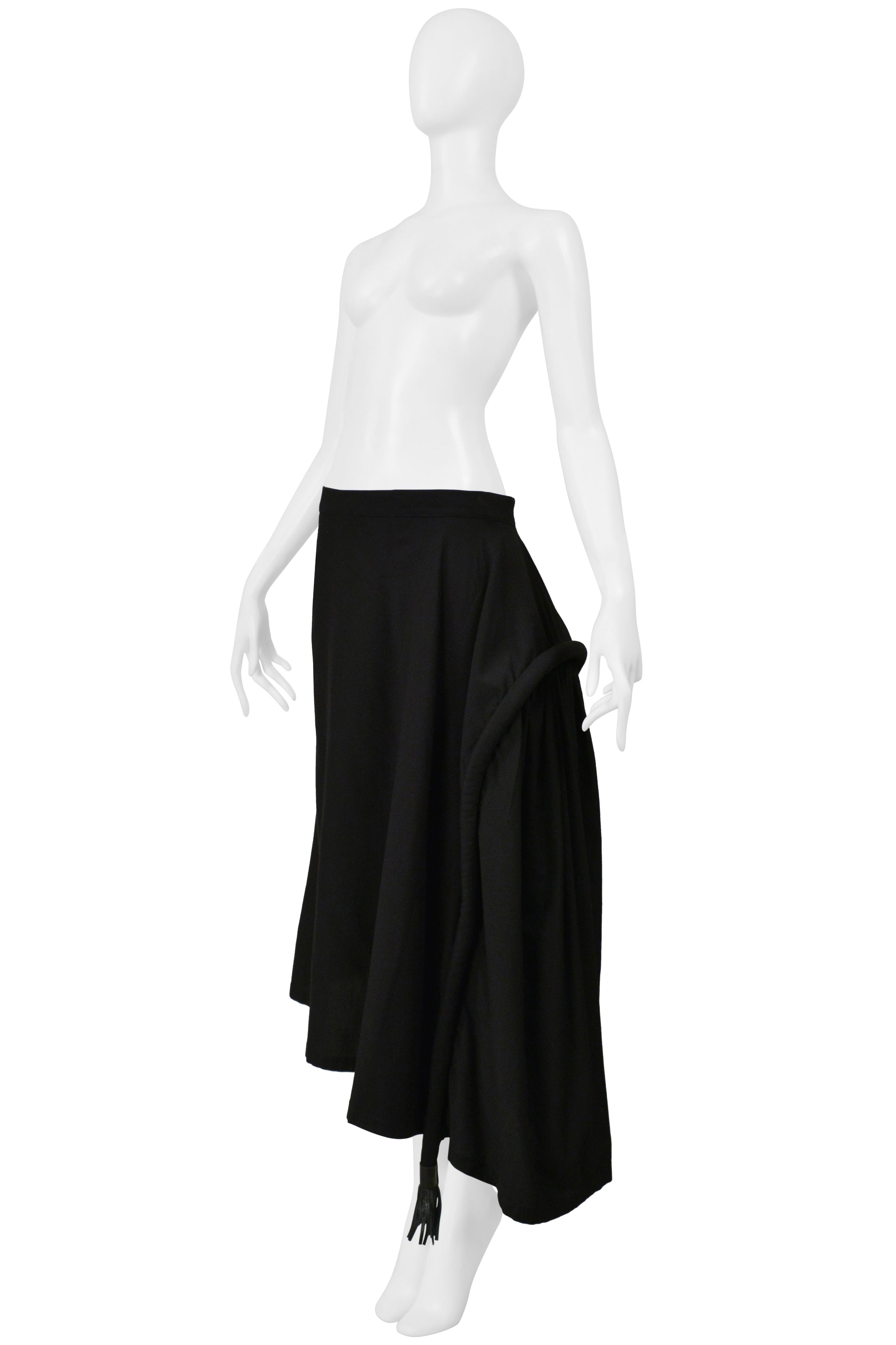 YOHJI YAMAMOTO BLACK LONG FULL SKIRT WITH PADDED SEAM & LEATHER TASSELS 2001
