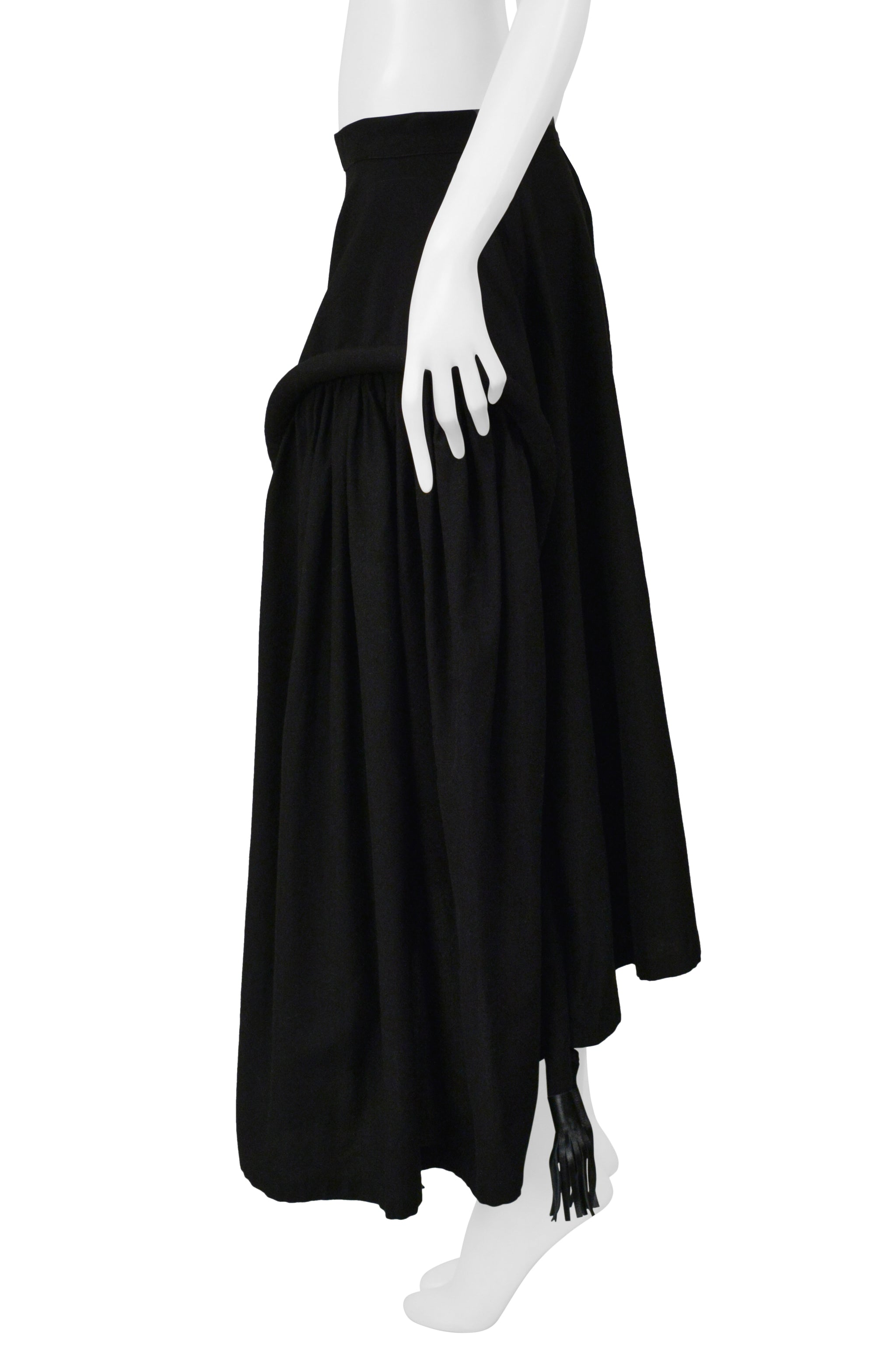 YOHJI YAMAMOTO BLACK LONG FULL SKIRT WITH PADDED SEAM & LEATHER TASSELS 2001