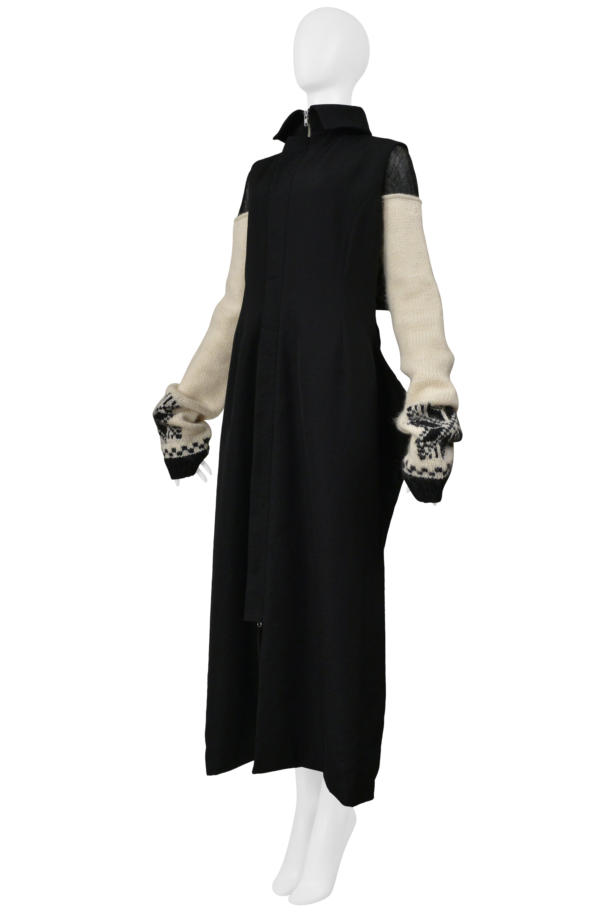 YOHJI YAMAMOTO BLACK WOOL VEST WITH BLACK SHEER HIGH NECK TOP WITH SWEATER SLEEVES 2004-05
