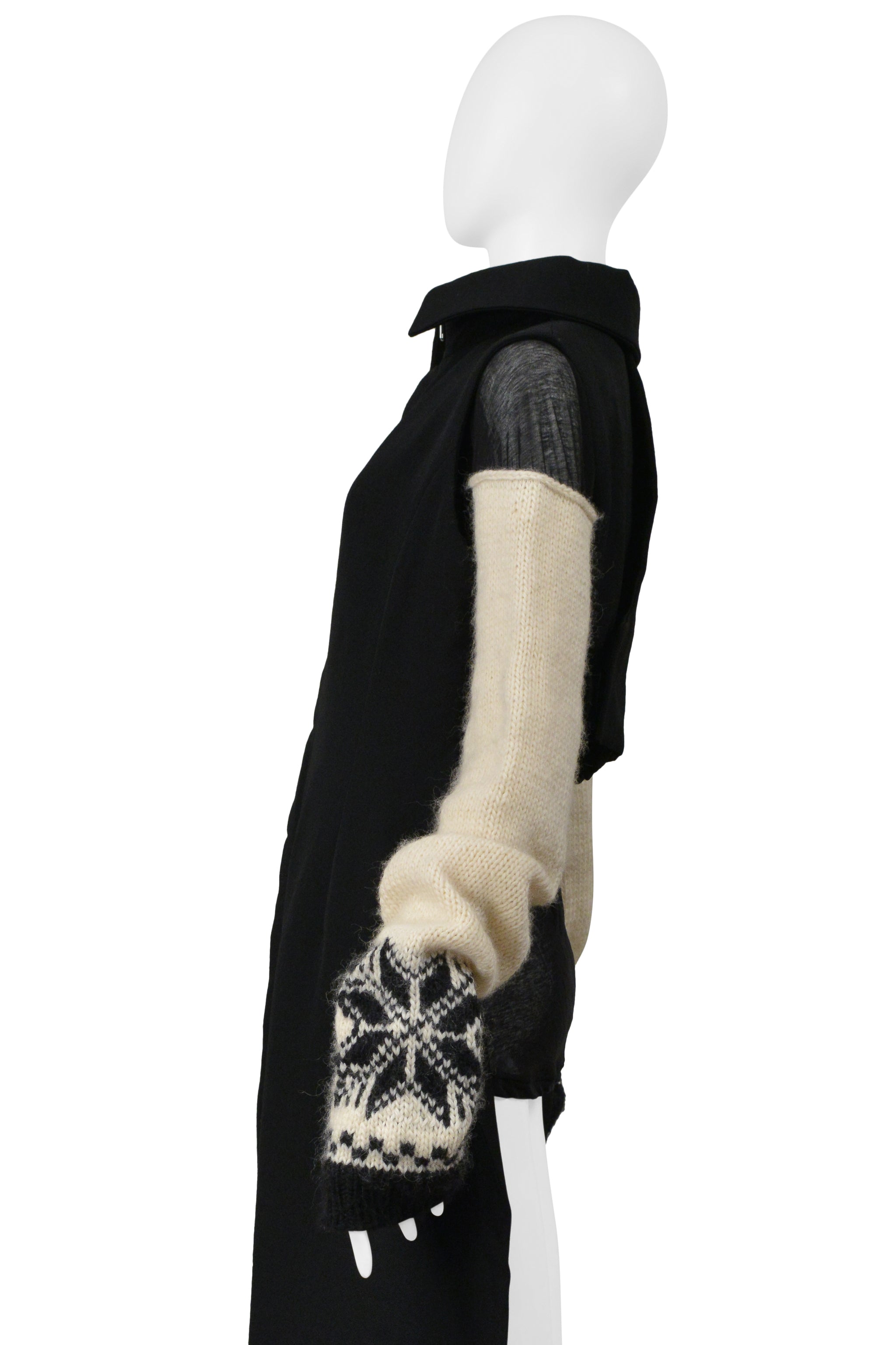 YOHJI YAMAMOTO BLACK WOOL VEST WITH BLACK SHEER HIGH NECK TOP WITH SWEATER SLEEVES 2004-05