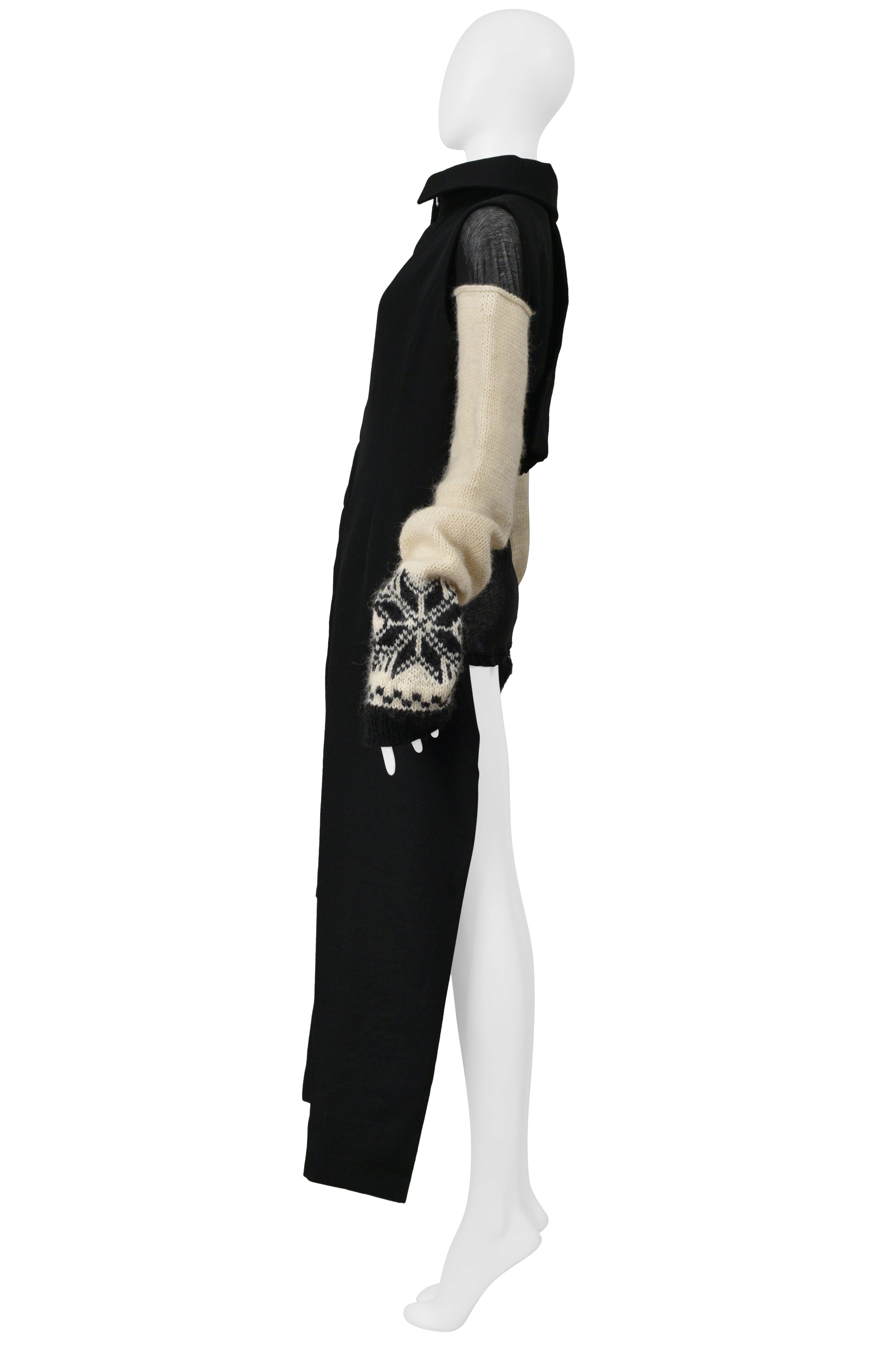 YOHJI YAMAMOTO BLACK WOOL VEST WITH BLACK SHEER HIGH NECK TOP WITH SWEATER SLEEVES 2004-05