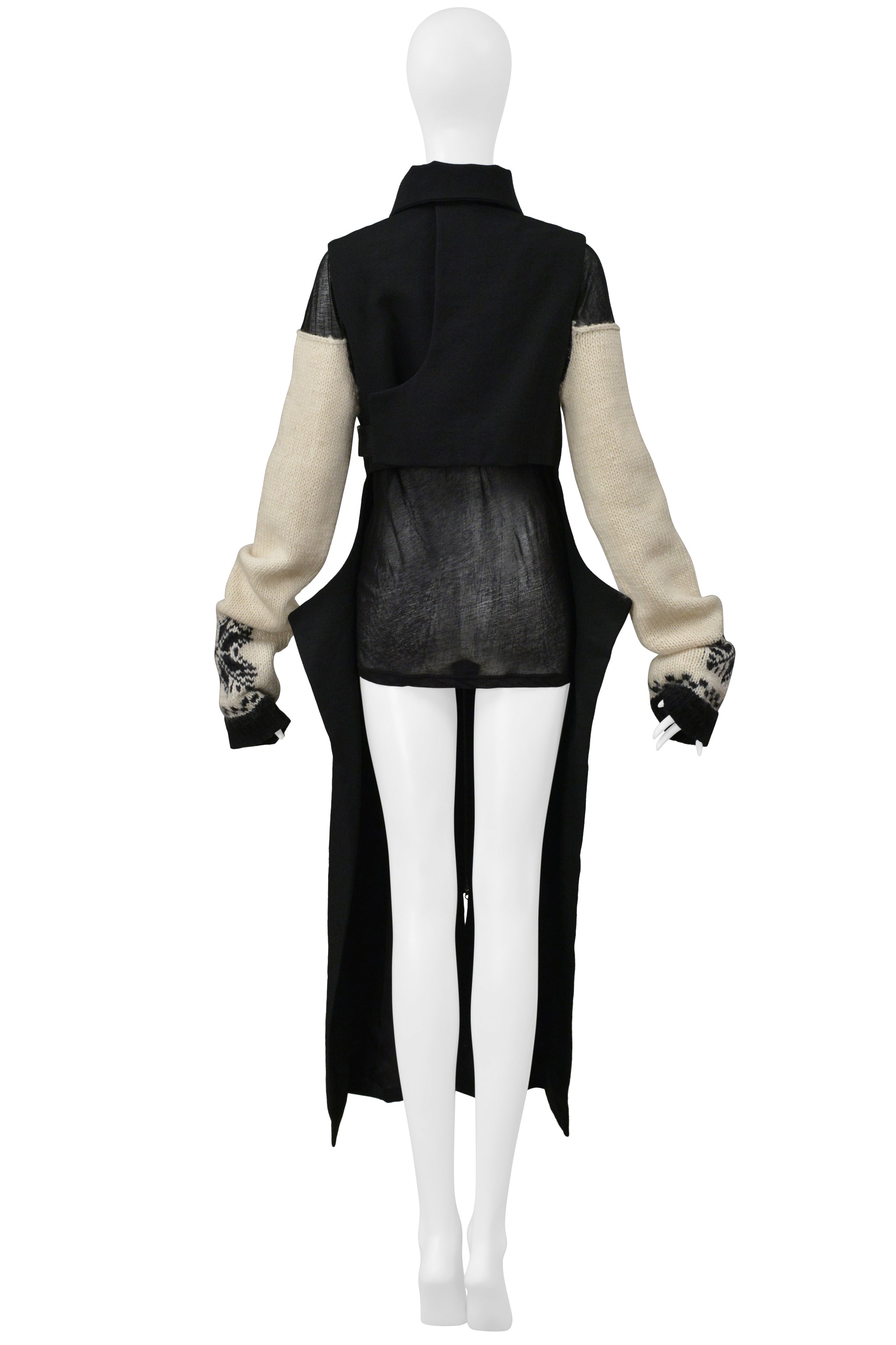 YOHJI YAMAMOTO BLACK WOOL VEST WITH BLACK SHEER HIGH NECK TOP WITH SWEATER SLEEVES 2004-05