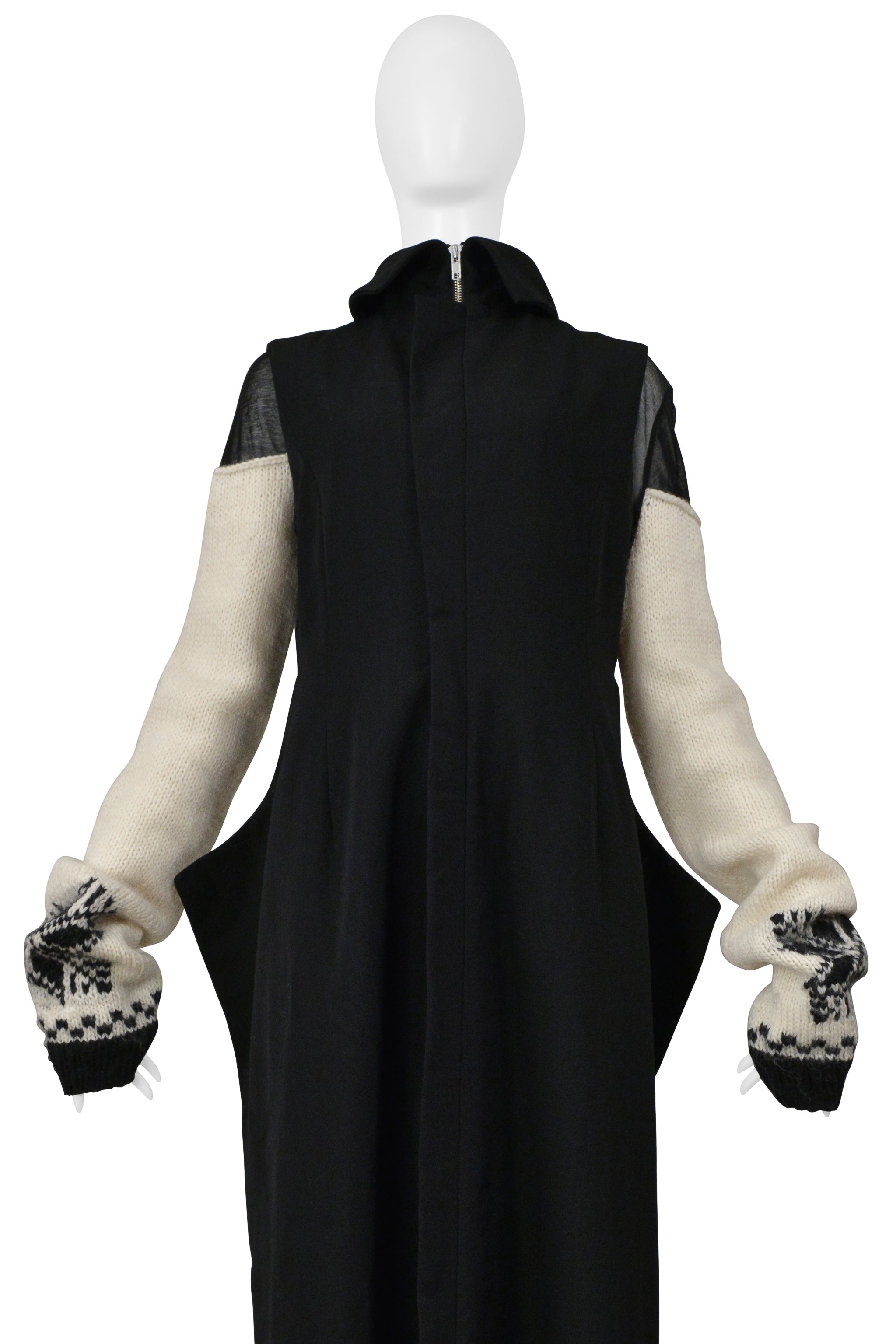 YOHJI YAMAMOTO BLACK WOOL VEST WITH BLACK SHEER HIGH NECK TOP WITH SWEATER SLEEVES 2004-05