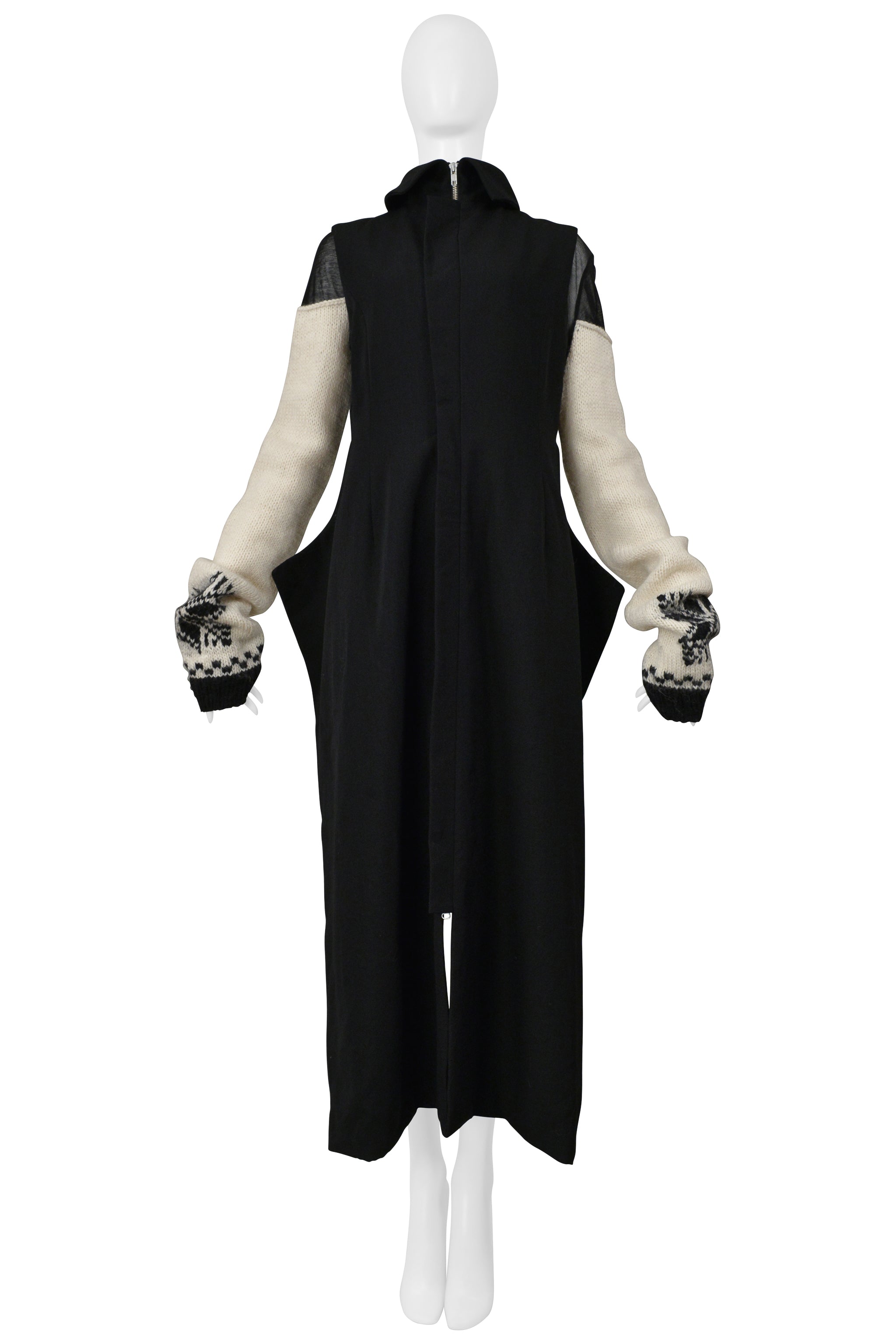 YOHJI YAMAMOTO BLACK WOOL VEST WITH BLACK SHEER HIGH NECK TOP WITH SWEATER SLEEVES 2004-05