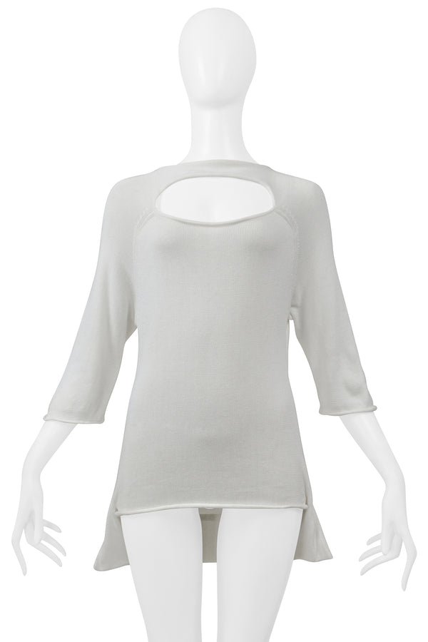 YOHJI YAMAMOTO WHITE COTTON HIGH-LOW SWEATER WITH CUTOUT SS 2001
