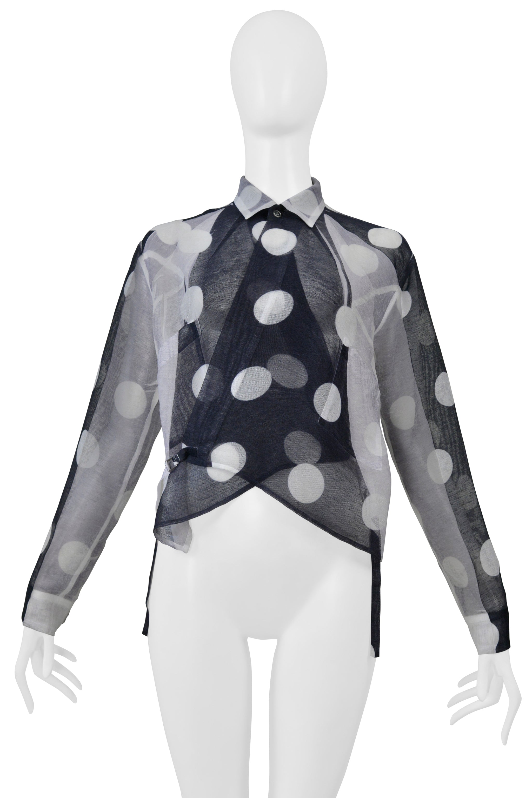 Y'S BY YOHJI YAMAMOTO BLACK AND WHITE POLKA DOT WRAP TOP WITH TIES 2001