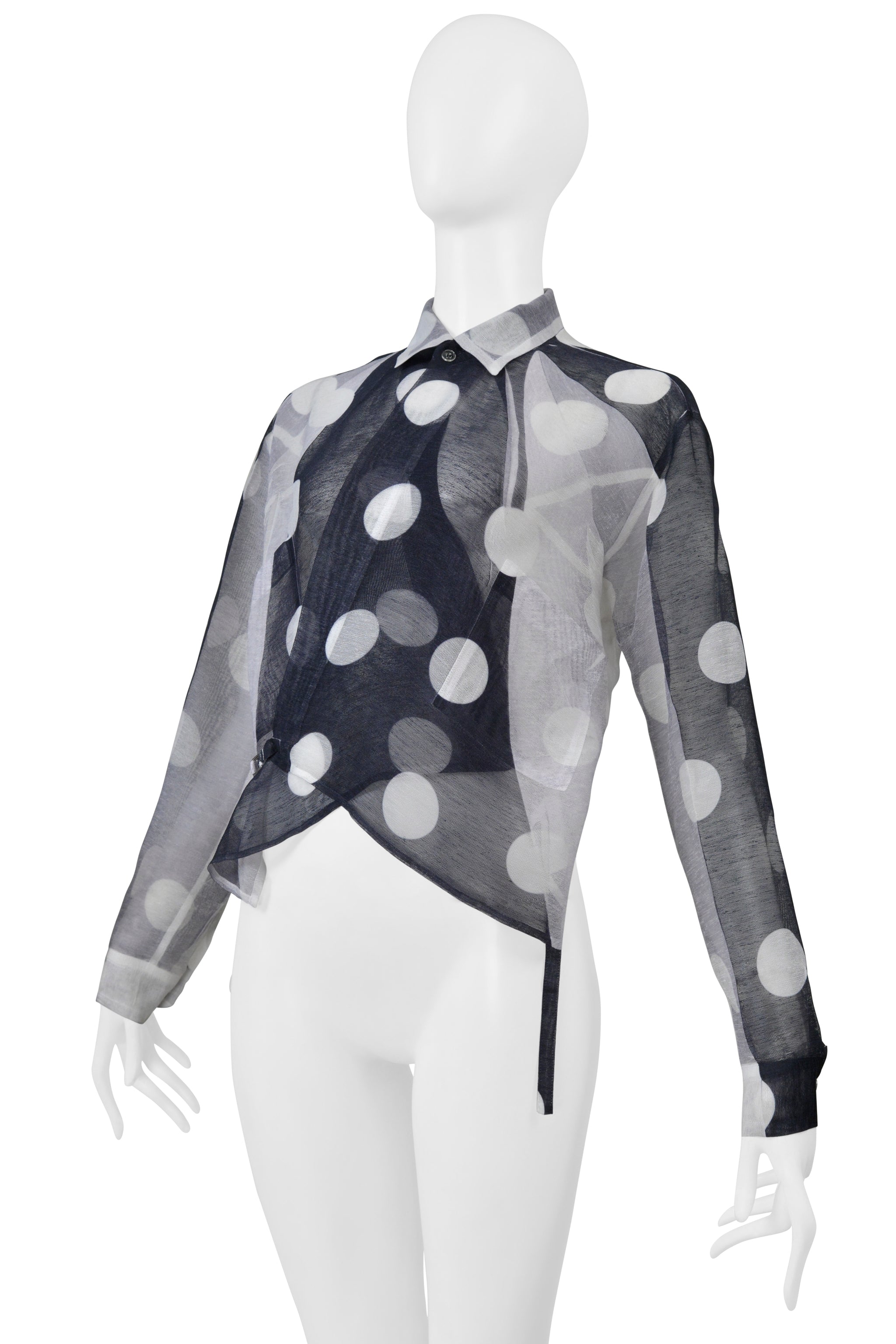 Y'S BY YOHJI YAMAMOTO BLACK AND WHITE POLKA DOT WRAP TOP WITH TIES 2001