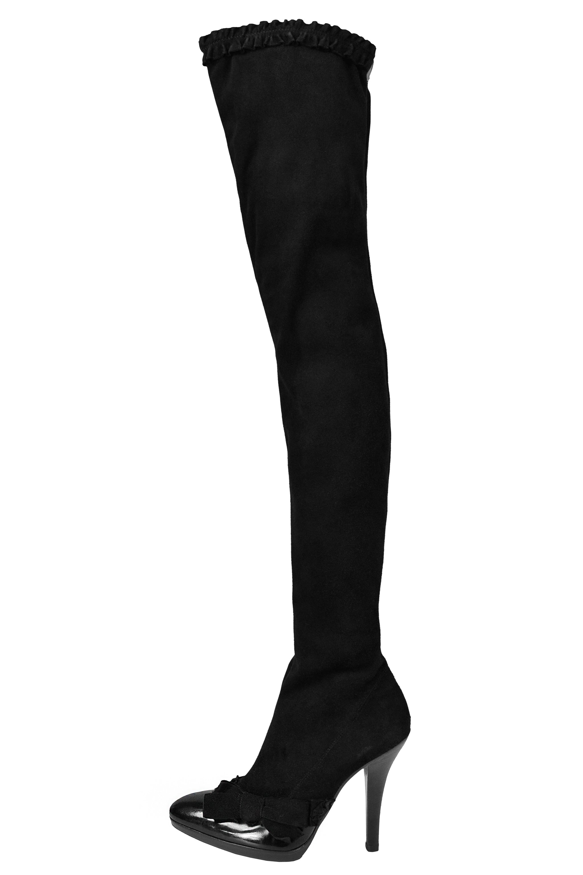 YSL TOM FORD BLACK SUEDE & LEATHER THIGH HIGH BOOTS WITH BOW DETAIL 2002