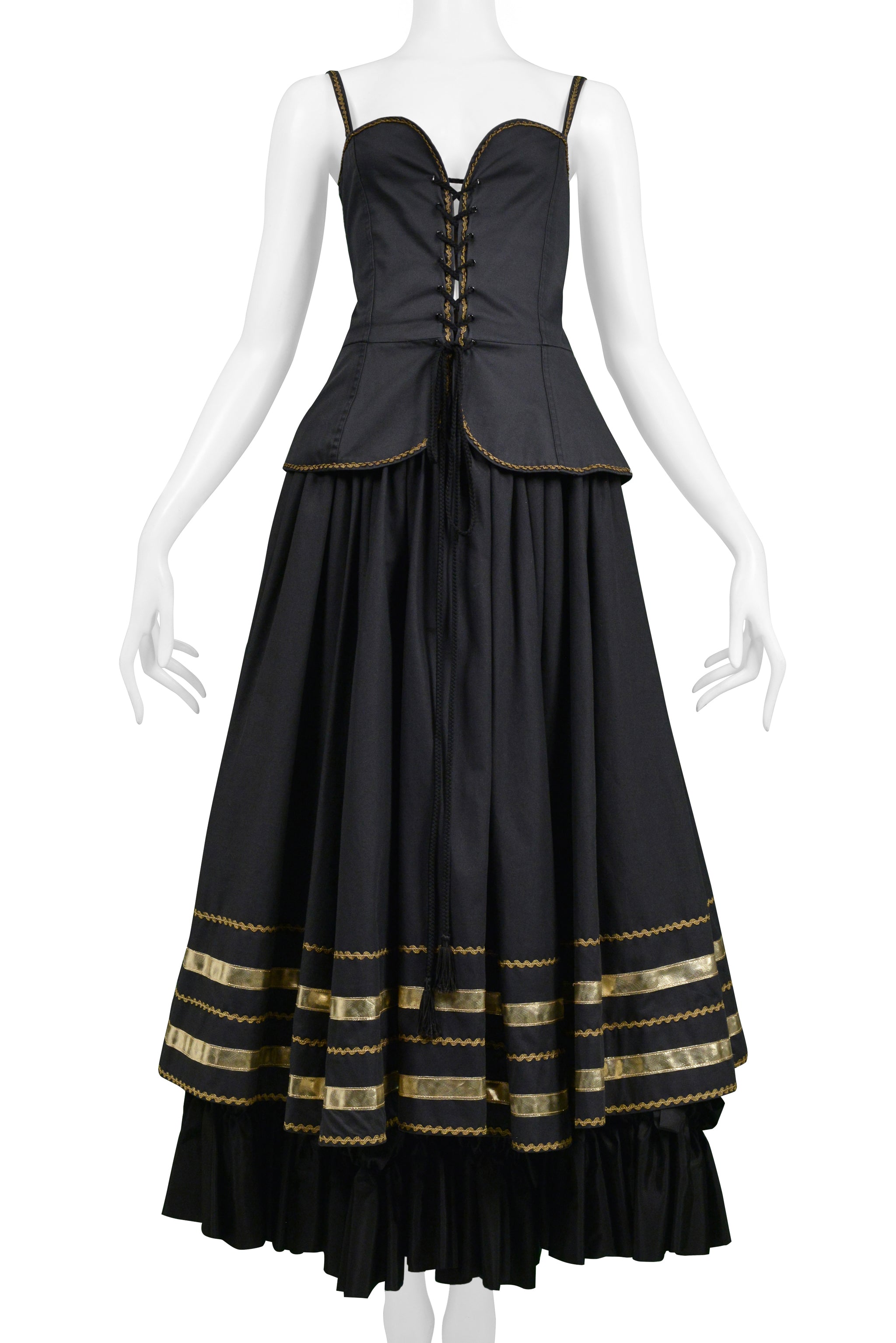 YVES SAINT LAURENT YSL BLACK & GOLD CORSET TOP & FANCY PEASANT SKIRT ENSEMBLE 1970S