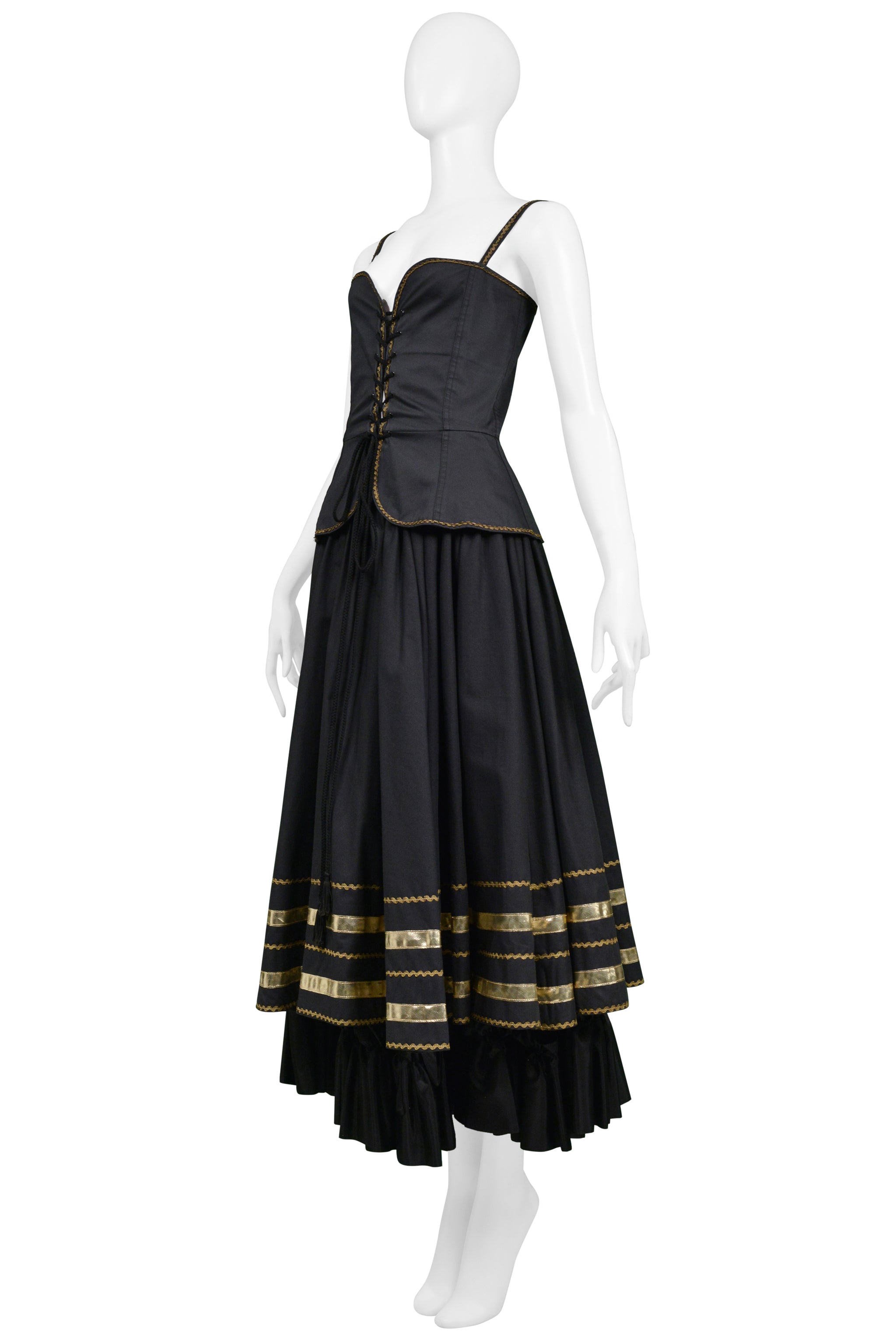 YVES SAINT LAURENT YSL BLACK & GOLD CORSET TOP & FANCY PEASANT SKIRT ENSEMBLE 1970S