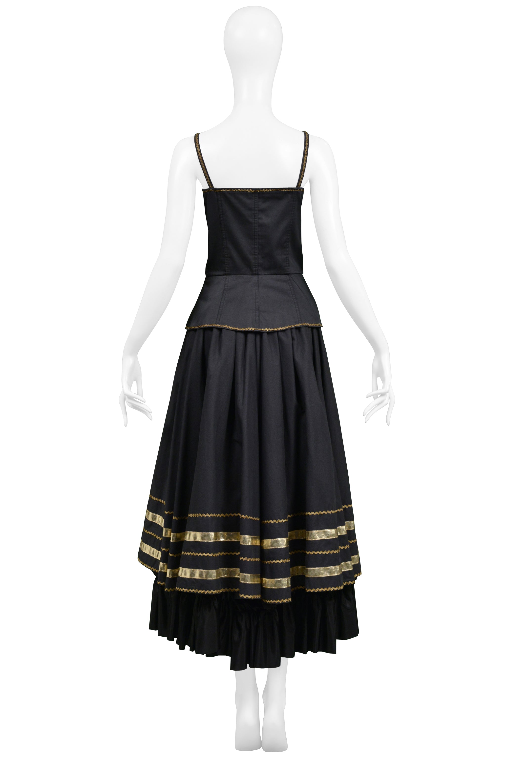 YVES SAINT LAURENT YSL BLACK & GOLD CORSET TOP & FANCY PEASANT SKIRT ENSEMBLE 1970S