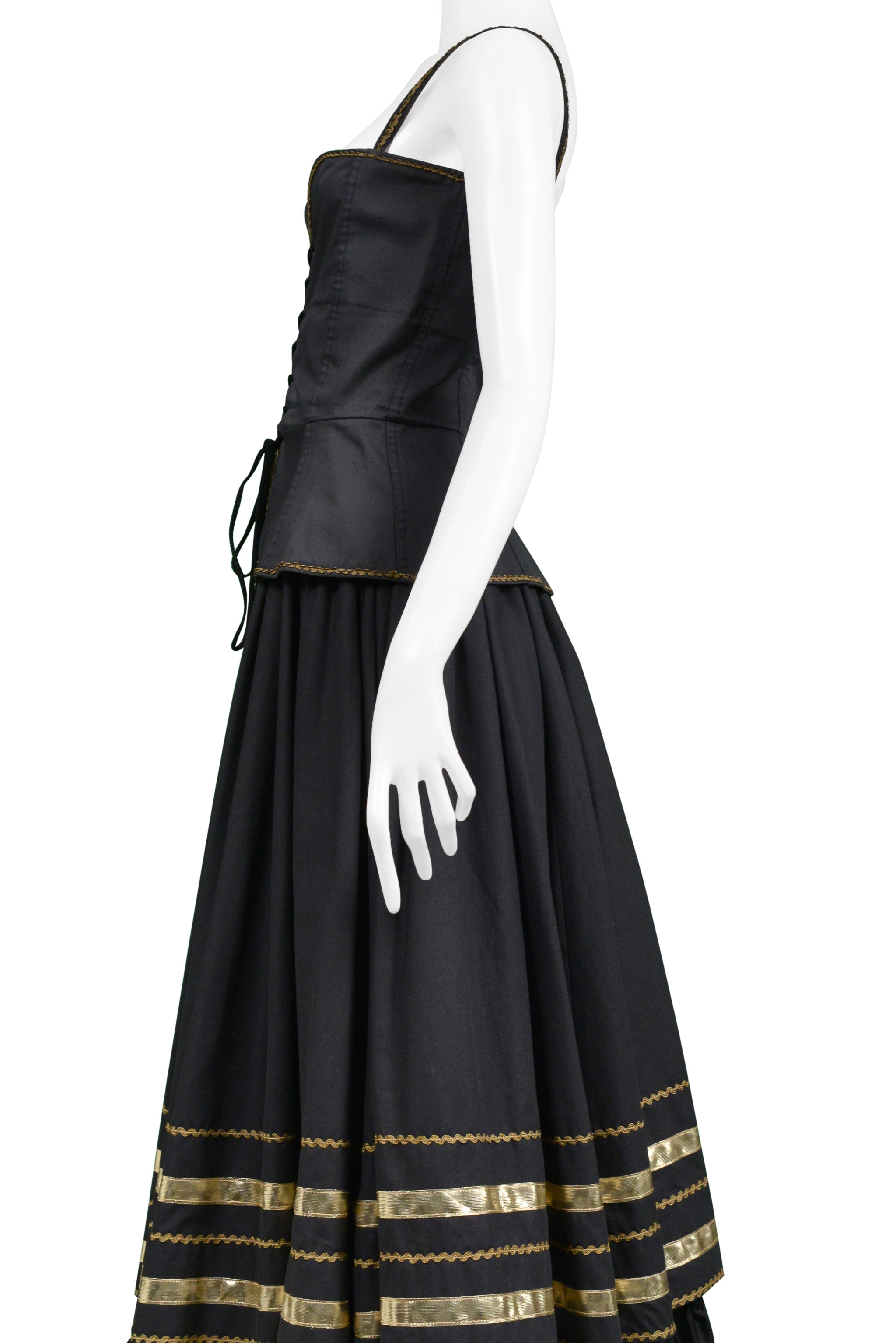 YVES SAINT LAURENT YSL BLACK & GOLD CORSET TOP & FANCY PEASANT SKIRT ENSEMBLE 1970S
