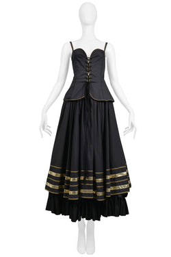 YVES SAINT LAURENT YSL BLACK & GOLD CORSET TOP & FANCY PEASANT SKIRT ENSEMBLE 1970S