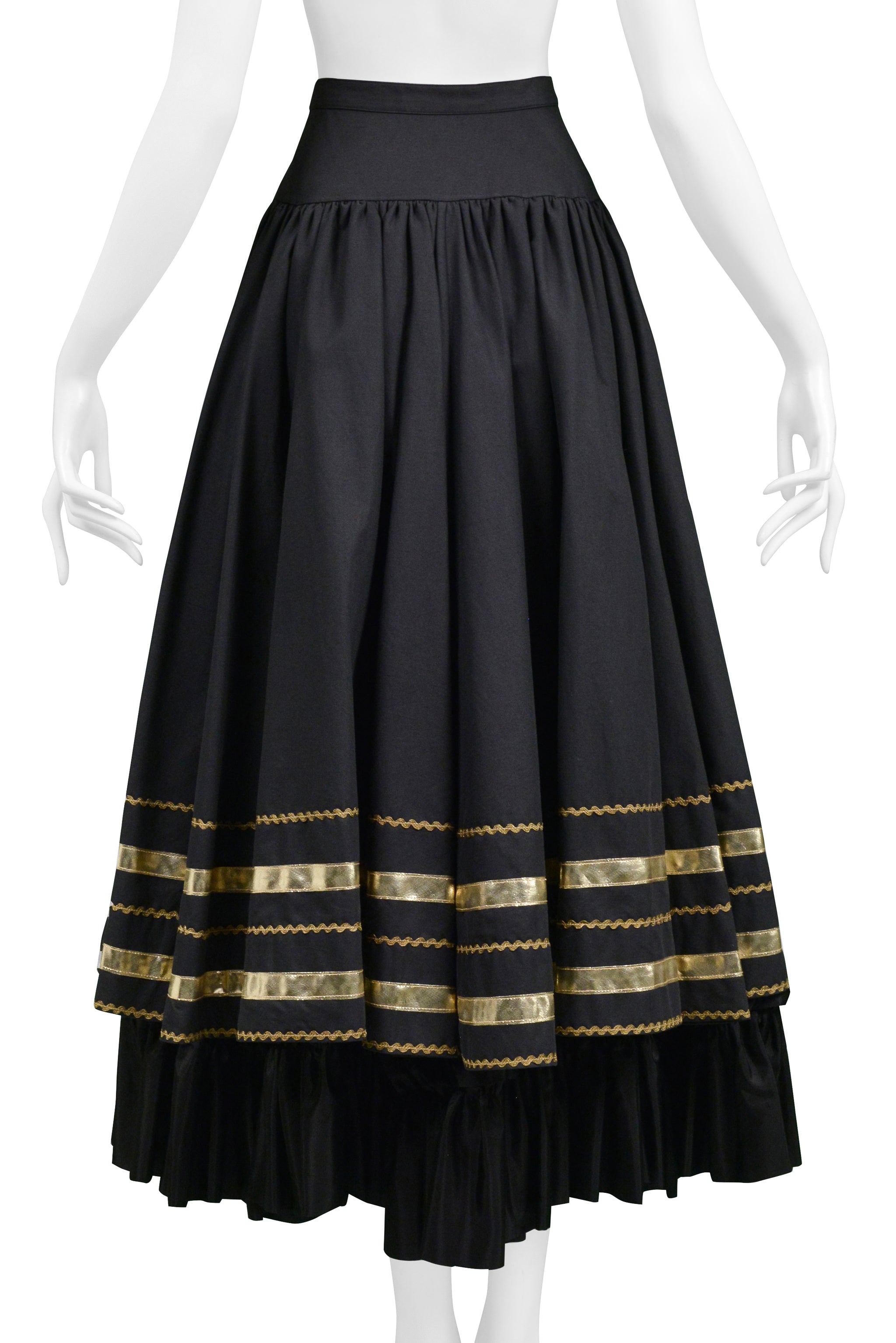 YVES SAINT LAURENT YSL BLACK & GOLD CORSET TOP & FANCY PEASANT SKIRT ENSEMBLE 1970S