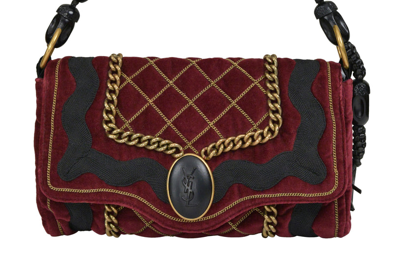YVES SAINT LAURENT BURGUNDY VELVET BAG WITH CHAIN DETAIL