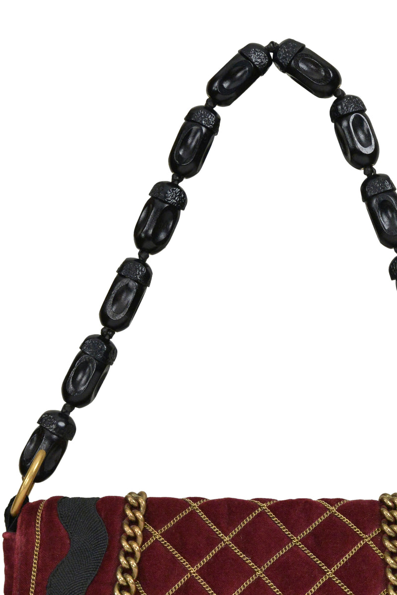 YVES SAINT LAURENT BURGUNDY VELVET BAG WITH CHAIN DETAIL