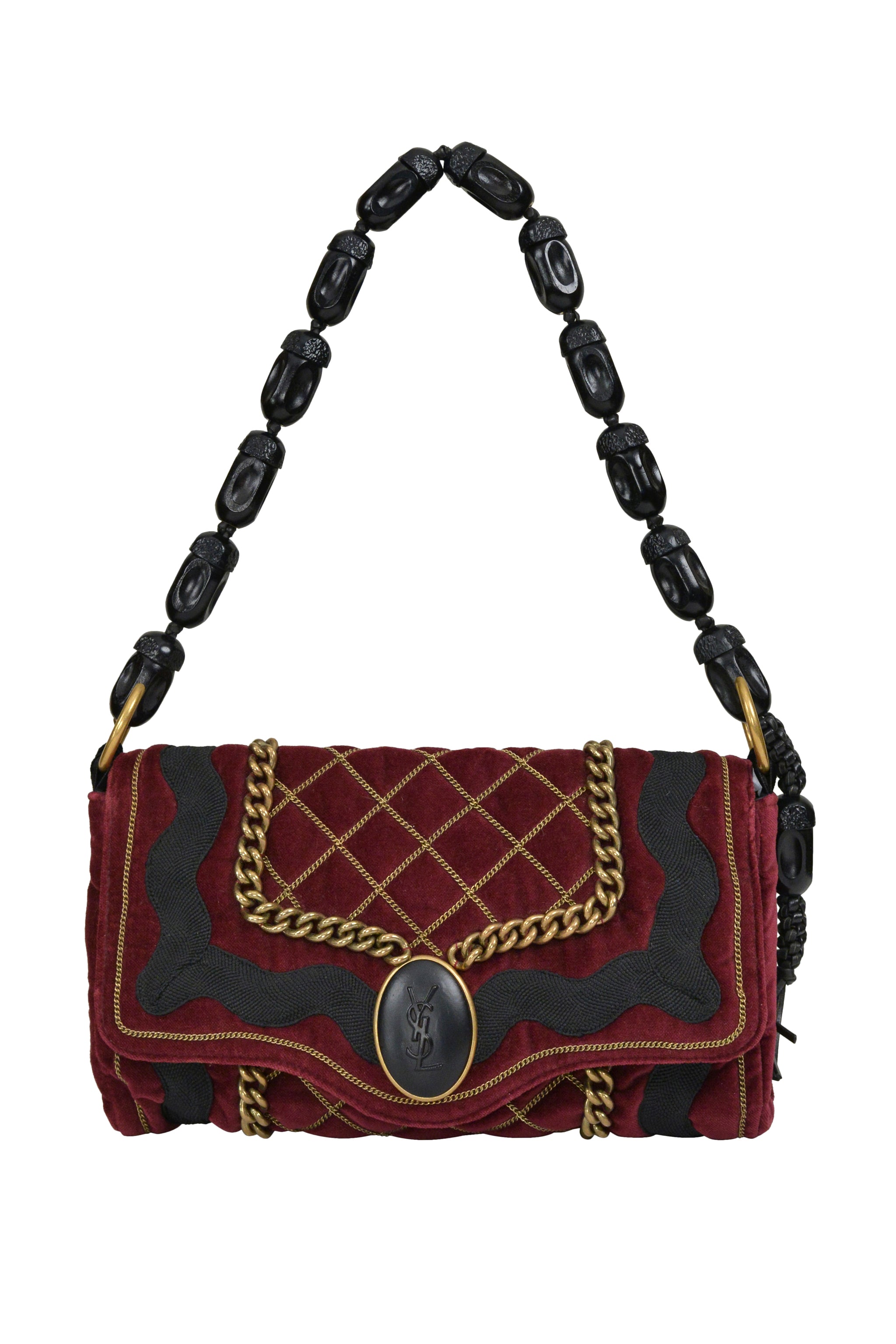 YVES SAINT LAURENT BURGUNDY VELVET BAG WITH CHAIN DETAIL