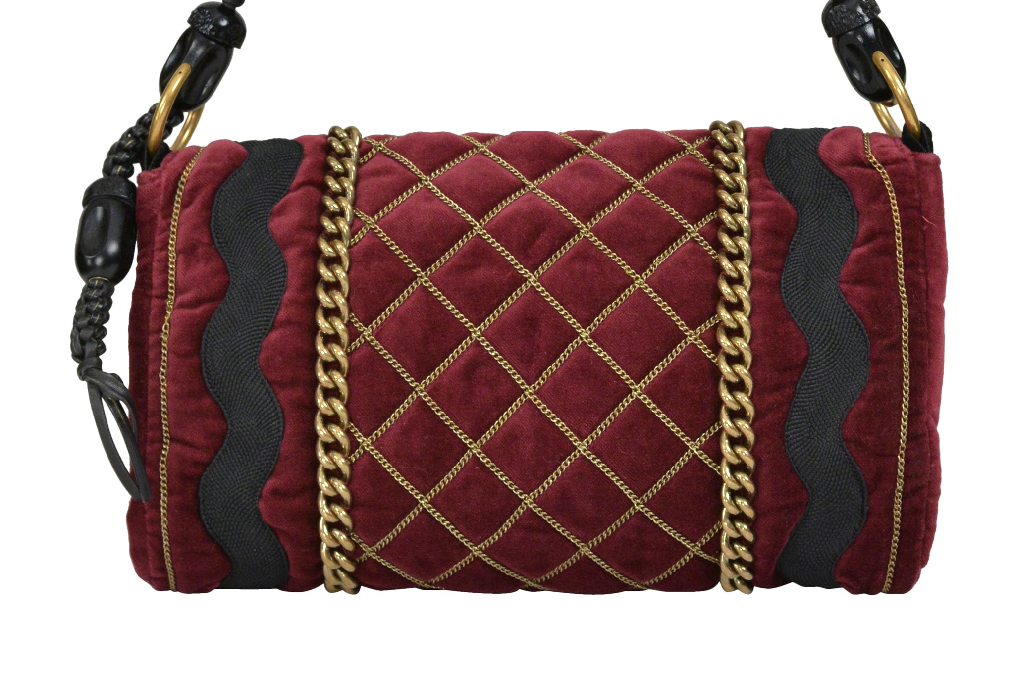 YVES SAINT LAURENT BURGUNDY VELVET BAG WITH CHAIN DETAIL