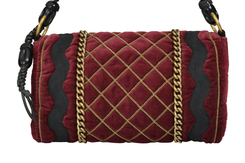 YVES SAINT LAURENT BURGUNDY VELVET BAG WITH CHAIN DETAIL