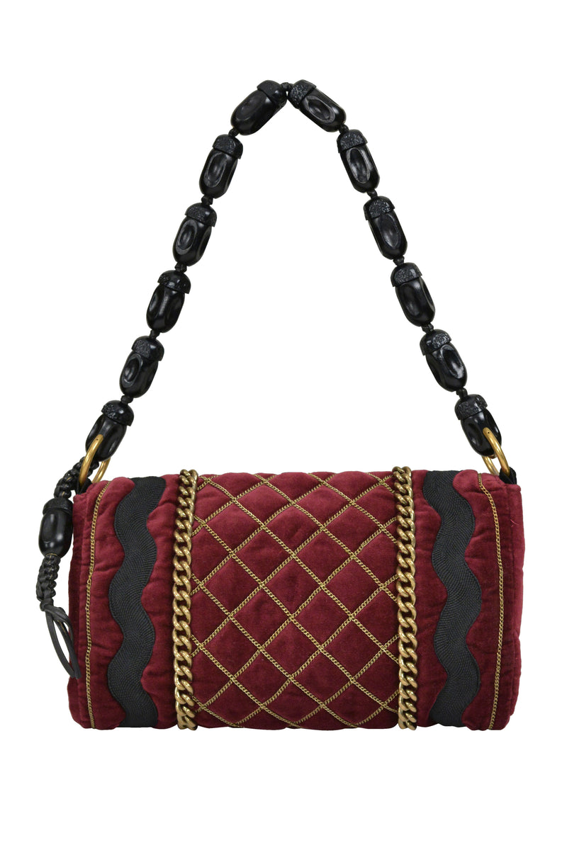 YVES SAINT LAURENT BURGUNDY VELVET BAG WITH CHAIN DETAIL