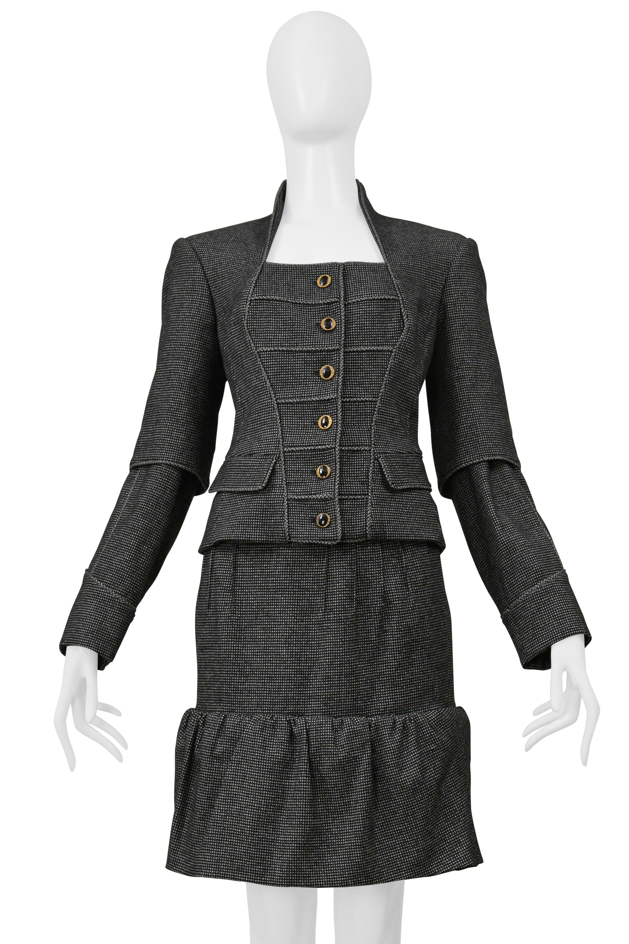 YVES SAINT LAURENT GRAY MINI CHECKERED PRINT JACKET AND SKIRT SUIT ENSEMBLE
