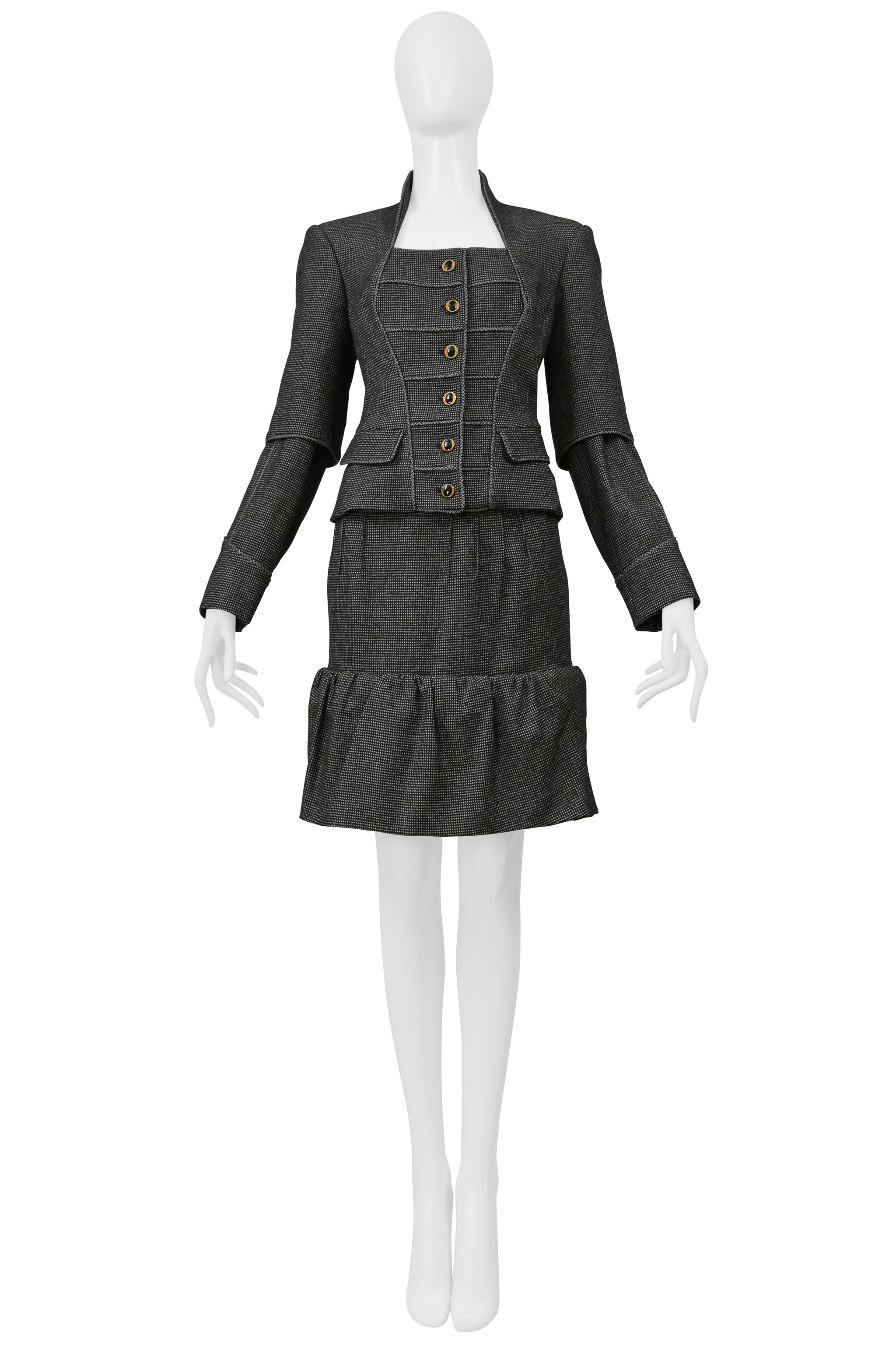 YVES SAINT LAURENT GRAY MINI CHECKERED PRINT JACKET AND SKIRT SUIT ENSEMBLE