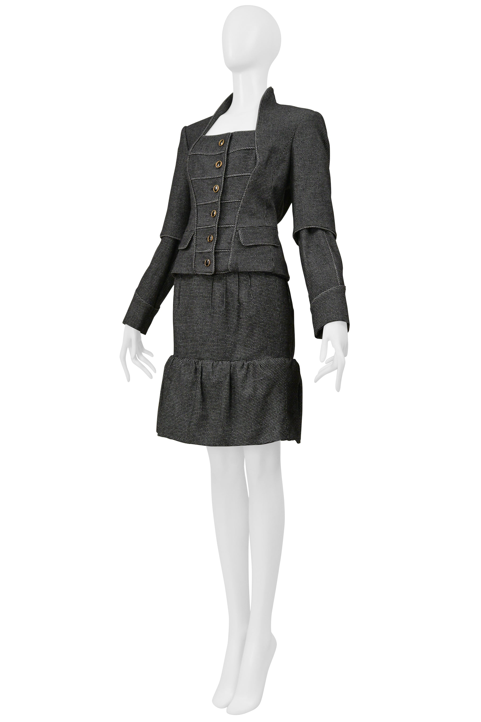 YVES SAINT LAURENT GRAY MINI CHECKERED PRINT JACKET AND SKIRT SUIT ENSEMBLE