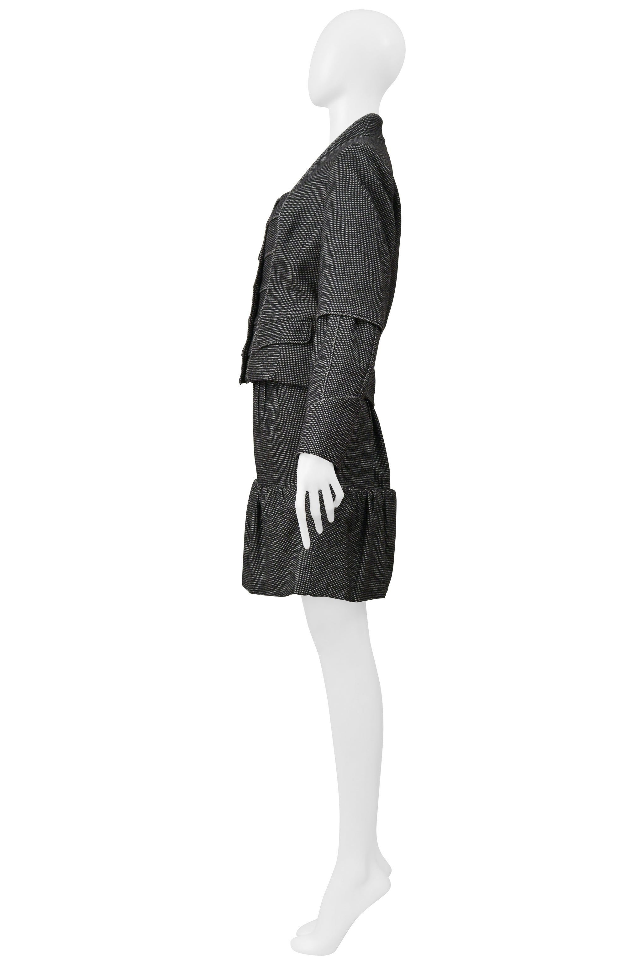 YVES SAINT LAURENT GRAY MINI CHECKERED PRINT JACKET AND SKIRT SUIT ENSEMBLE