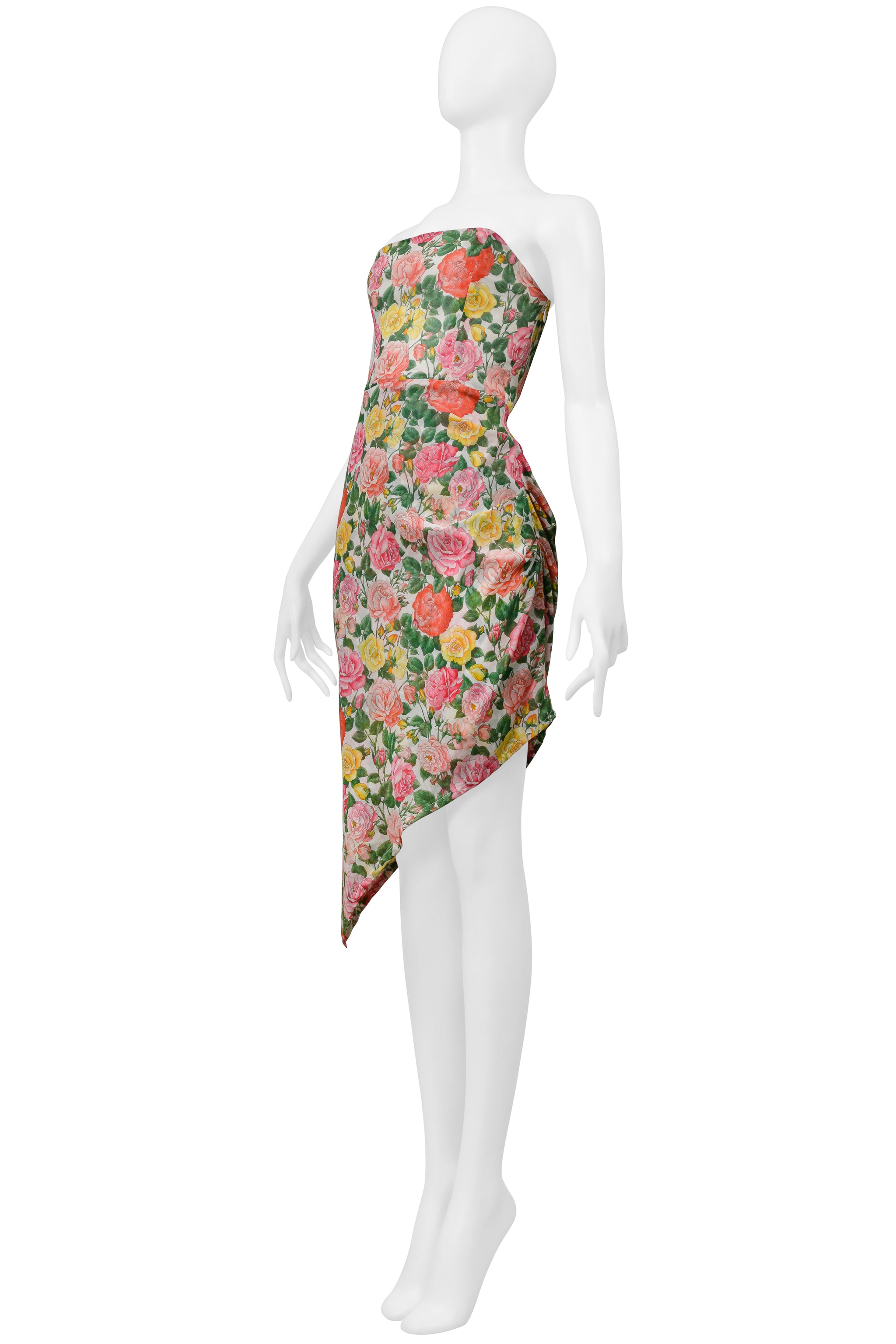 YVES SAINT LAURENT STRAPLESS FLORAL COTTON DRESS WITH ASYMMETRICAL HEMLINE