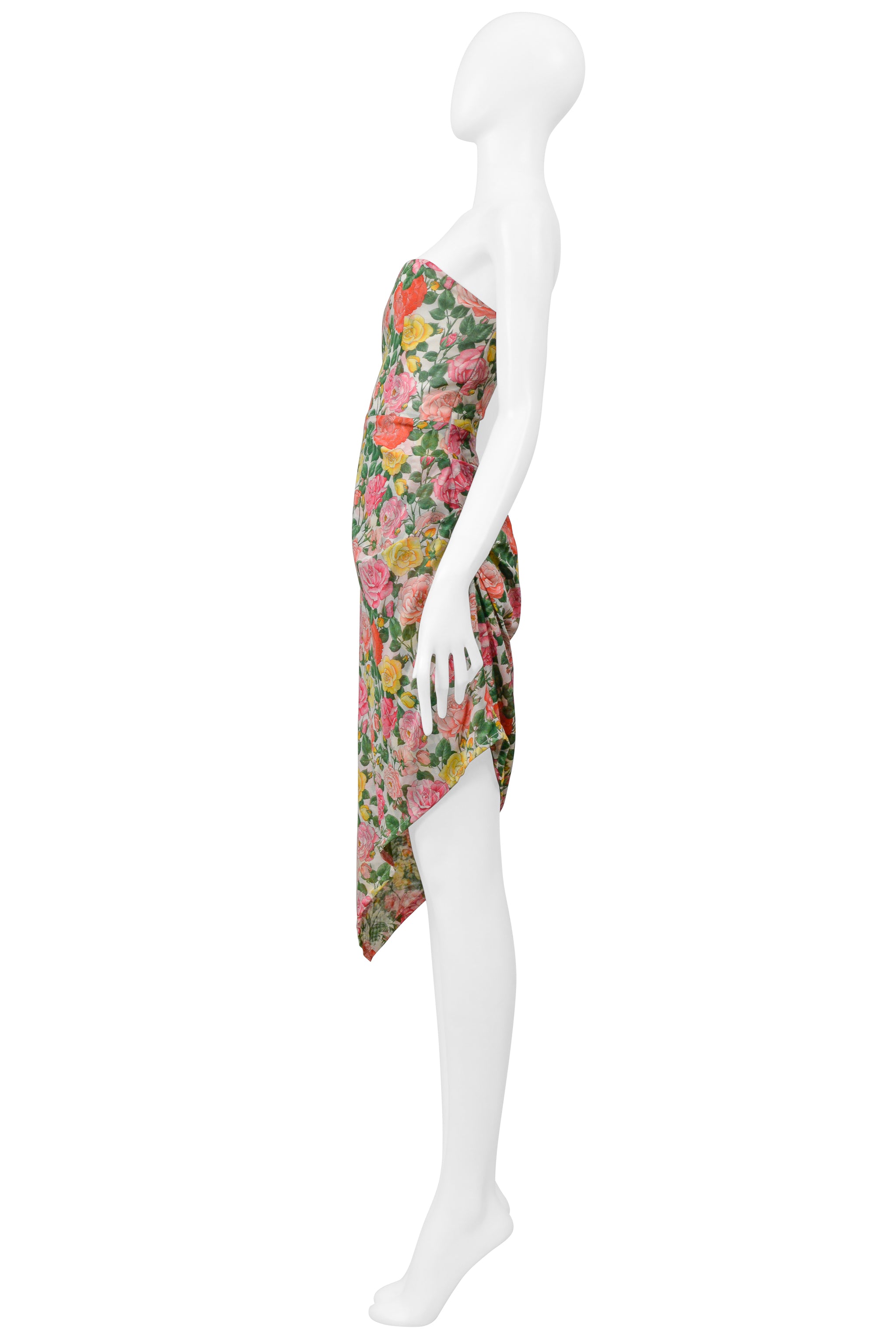 YVES SAINT LAURENT STRAPLESS FLORAL COTTON DRESS WITH ASYMMETRICAL HEMLINE