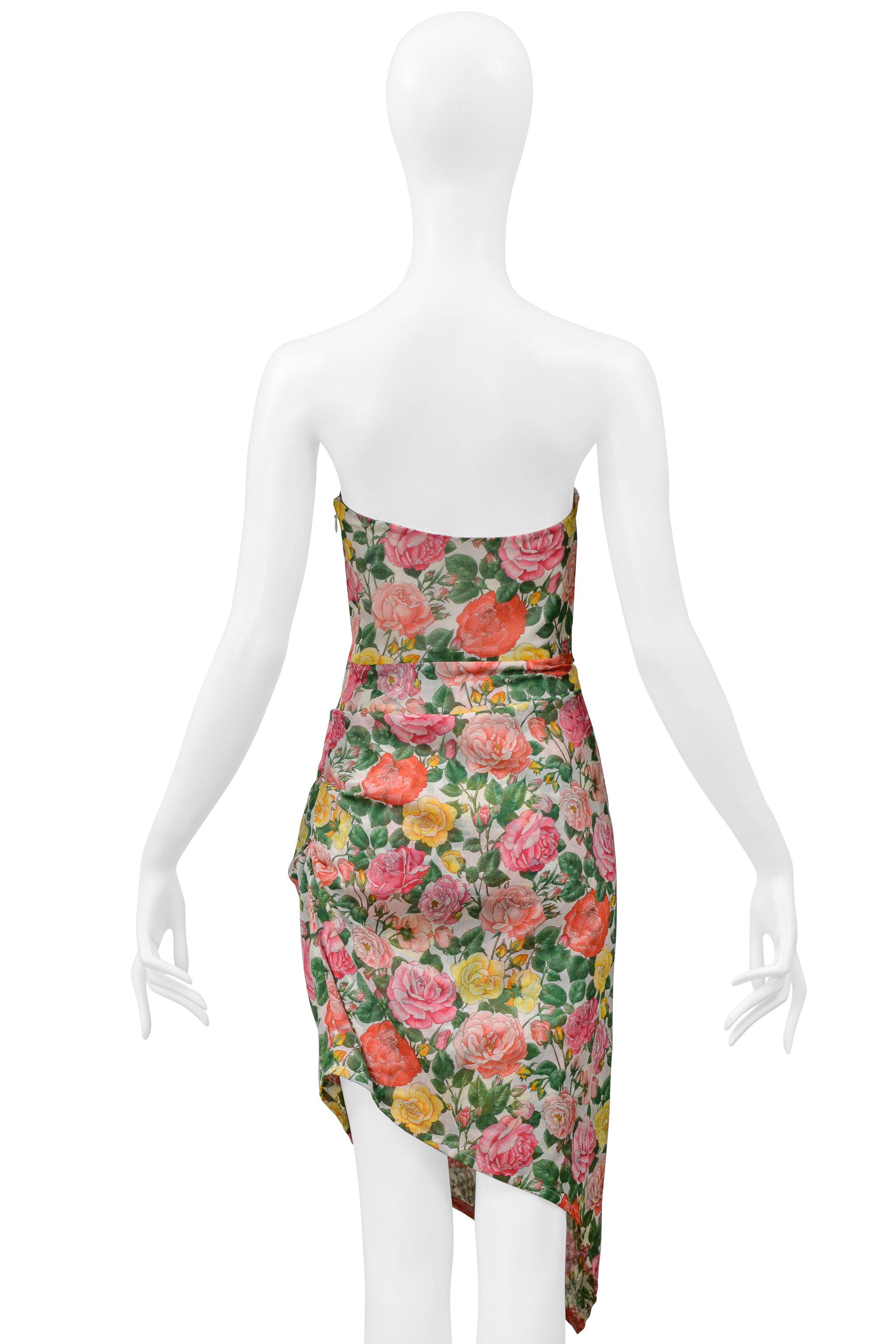 YVES SAINT LAURENT STRAPLESS FLORAL COTTON DRESS WITH ASYMMETRICAL HEMLINE
