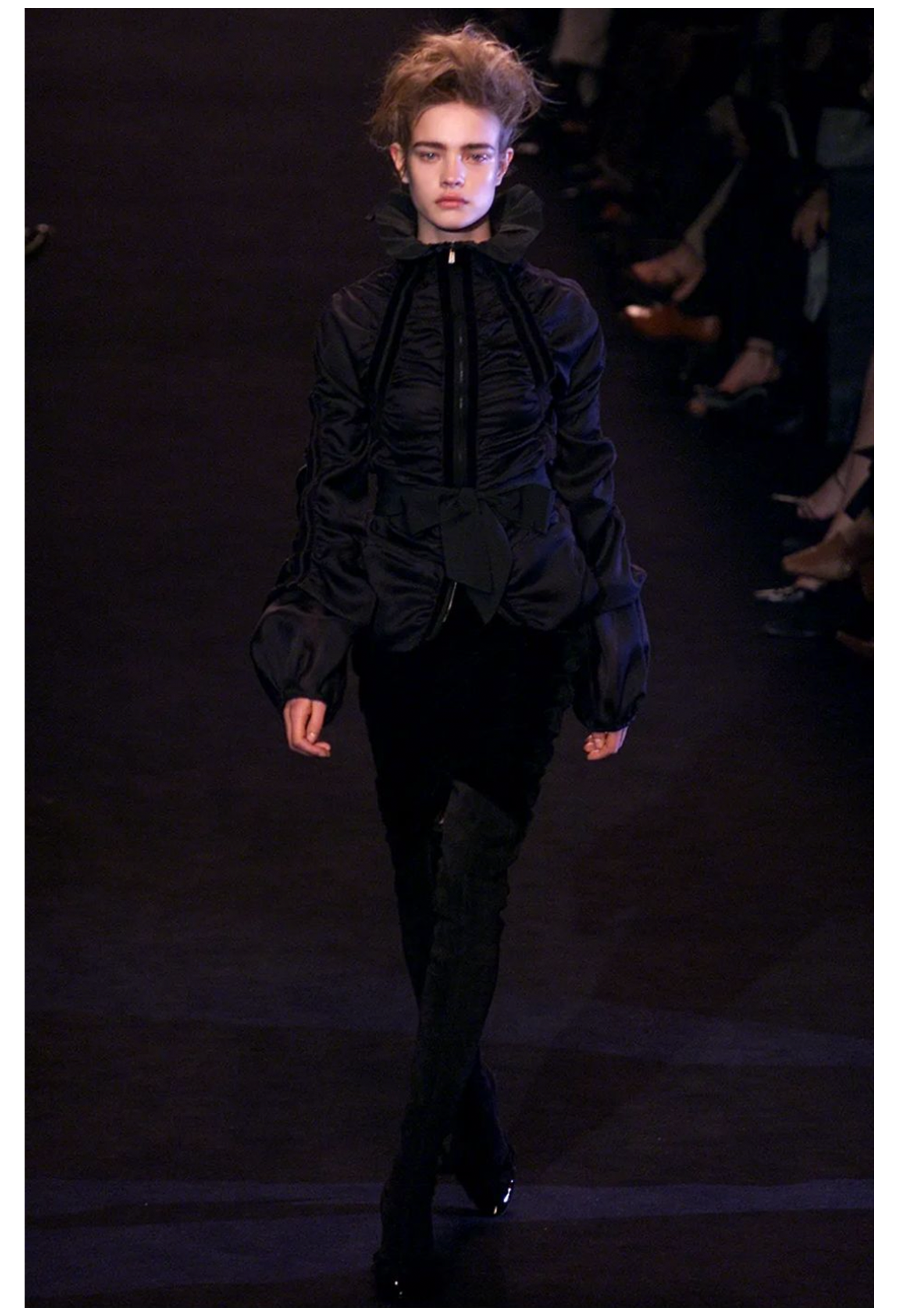 YSL TOM FORD BLACK SUEDE & LEATHER THIGH HIGH BOOTS WITH BOW DETAIL 2002