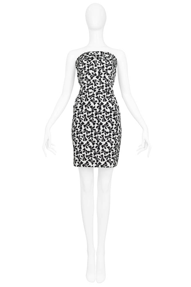 YVES SAINT LAURENT YSL BLACK AND WHITE BOW PRINT MINI DRESS