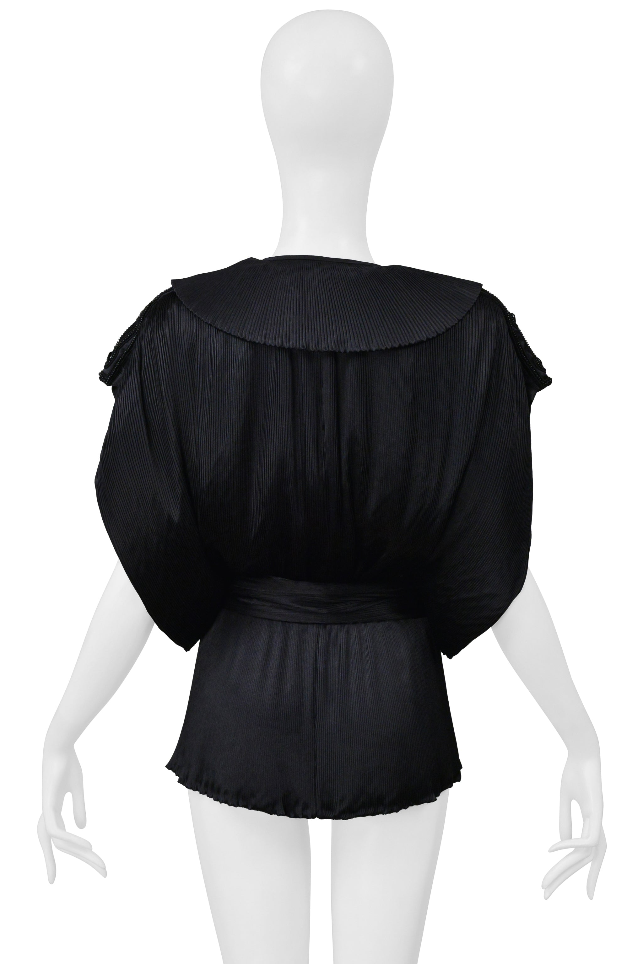 YUKI BLACK SATIN PLEATED BLOUSE WITH SASH