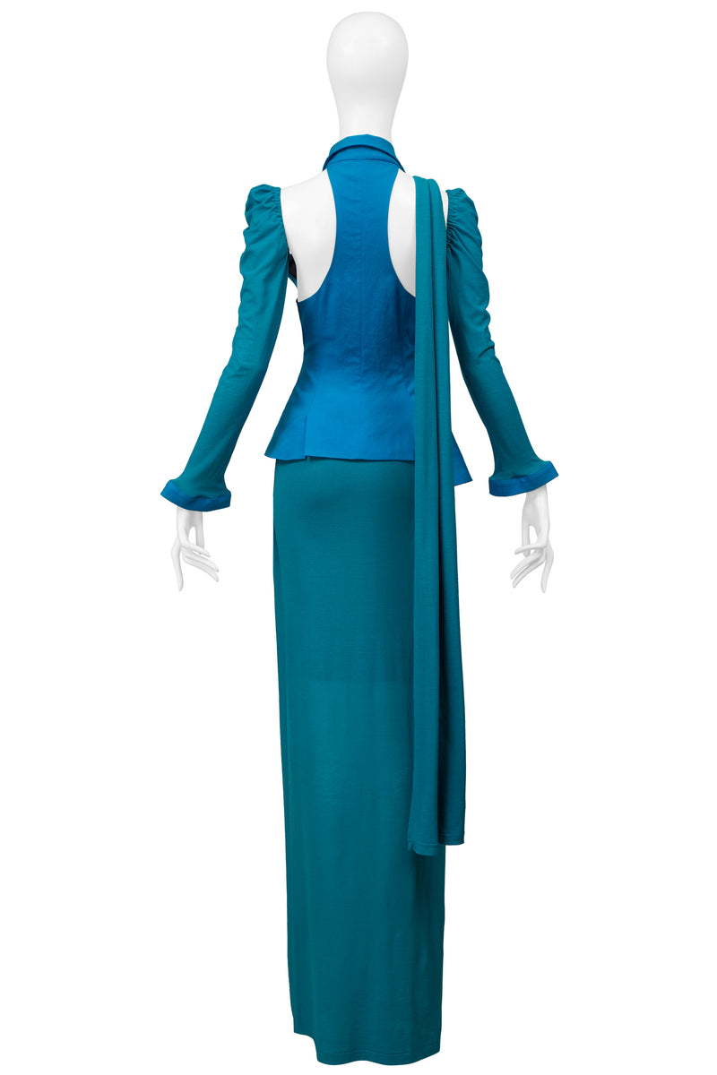 YOHJI YAMAMOTO BLUE & TEAL EVENING ENSEMBLE WITH DETACHABLE SLEEVE & SCARF