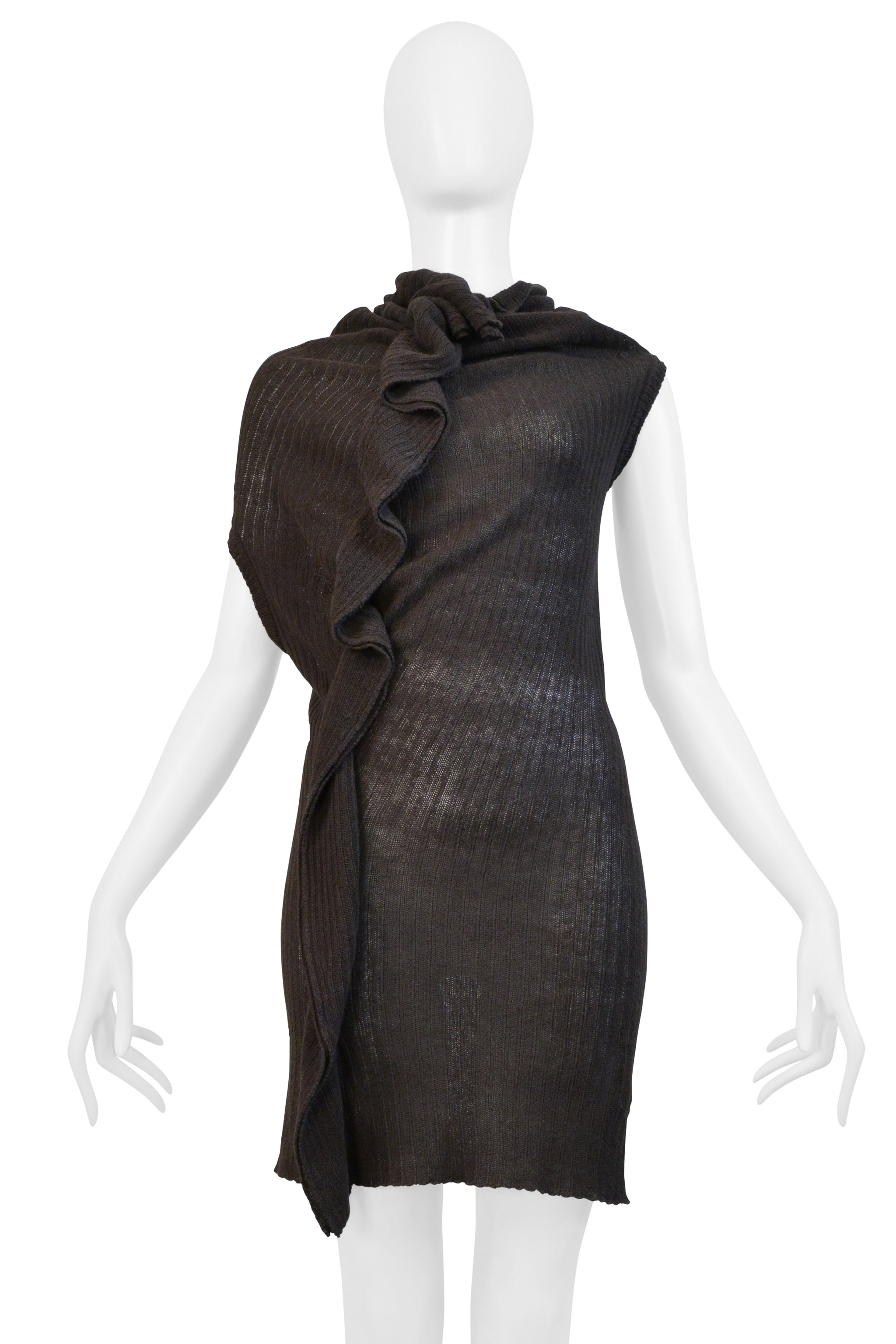 Y’S 2003 BY YOHJI ARMY GREEN RIBBED HIGH NECK SWEATER WITH RUFFLE