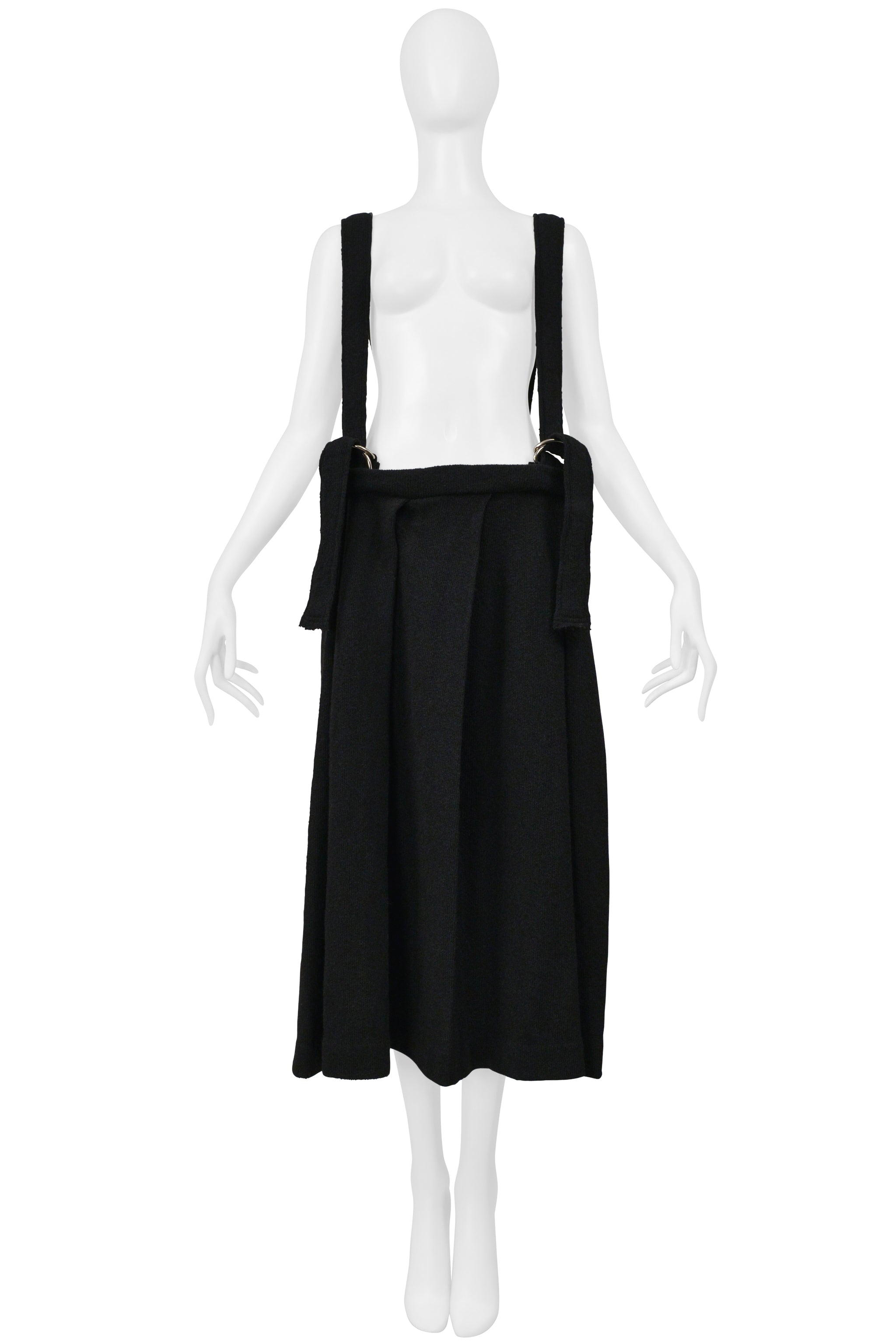 Y’S 2004–05 BY YOHJI YAMAMOTO BLACK KNIT SKIRT WITH SUSPENDERS & D-RINGS