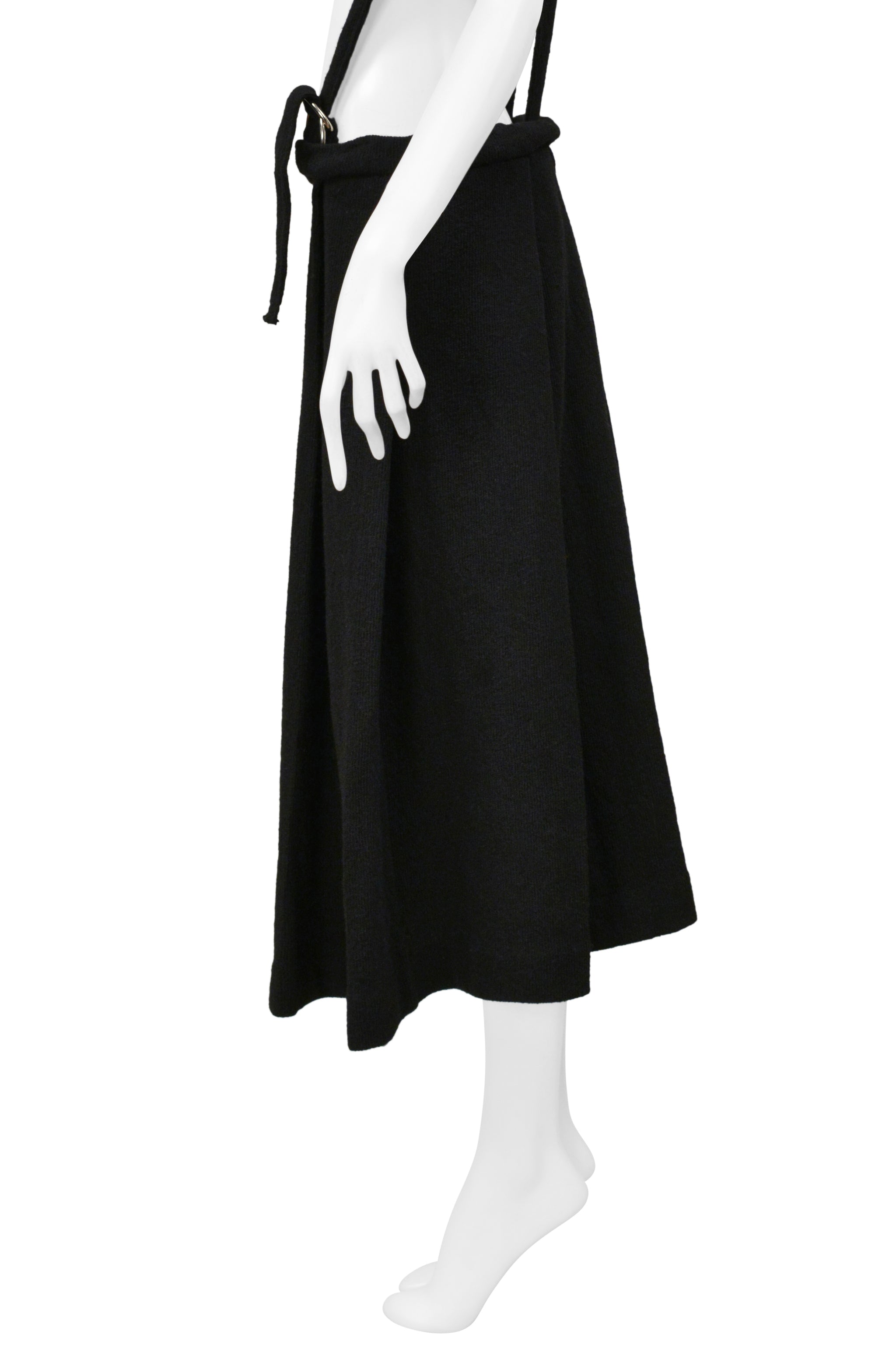 Y’S 2004–05 BY YOHJI YAMAMOTO BLACK KNIT SKIRT WITH SUSPENDERS & D-RINGS