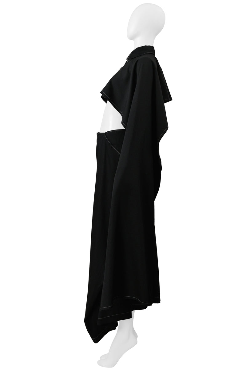 Y'S BY YOHJI YAMAMOTO BLACK CAPE TOP AND PANTS ENSEMBLE WITH WHITE STITCHING