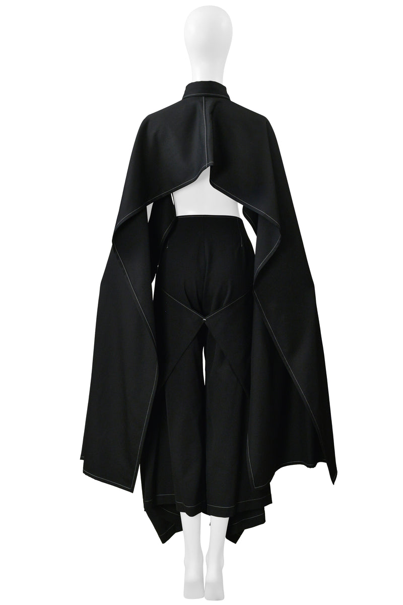 Y'S BY YOHJI YAMAMOTO BLACK CAPE TOP AND PANTS ENSEMBLE WITH WHITE STITCHING