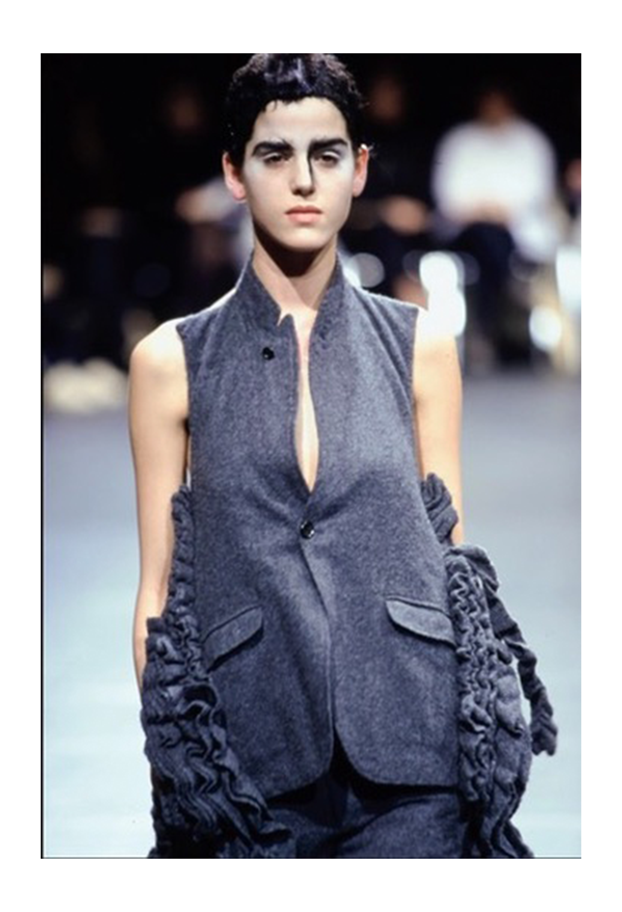 COMME DES GARCONS GREY WOOL VEST WITH RUFFLES AND OPEN BACK AND LEATHER STRAP 2000-2001