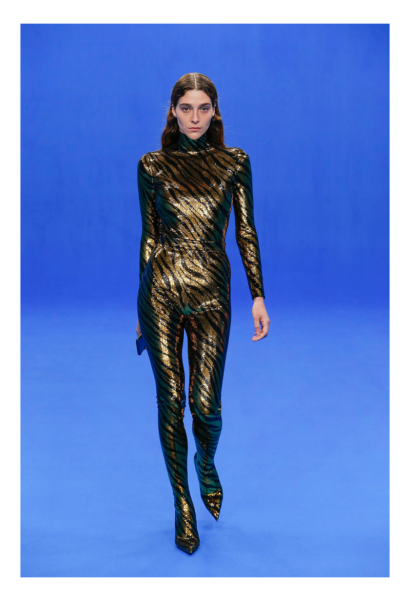 BALENCIAGA SEQUIN ORANGE AND BLACK TIGER STRIPE ENSEMBLE 2020